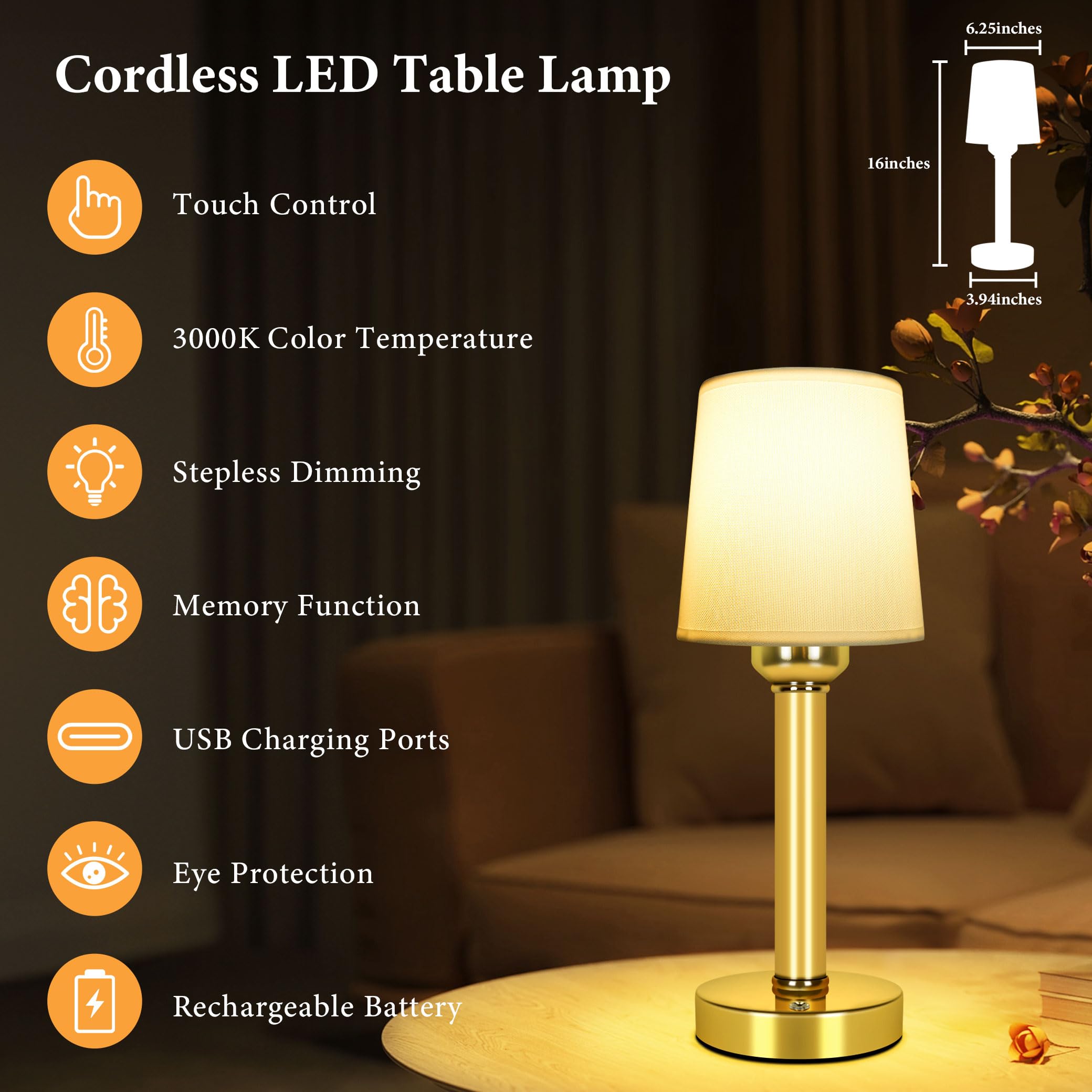 Yurnero 2 Pack Cordless Table Lamp, 6000Mah Rechargeable Battery Operated Lamp For Night Stand, 10%-100% Stepless Brightness Dimming Bedside Lamps, Portables Fabric Shade Desk Lamp For Dining
