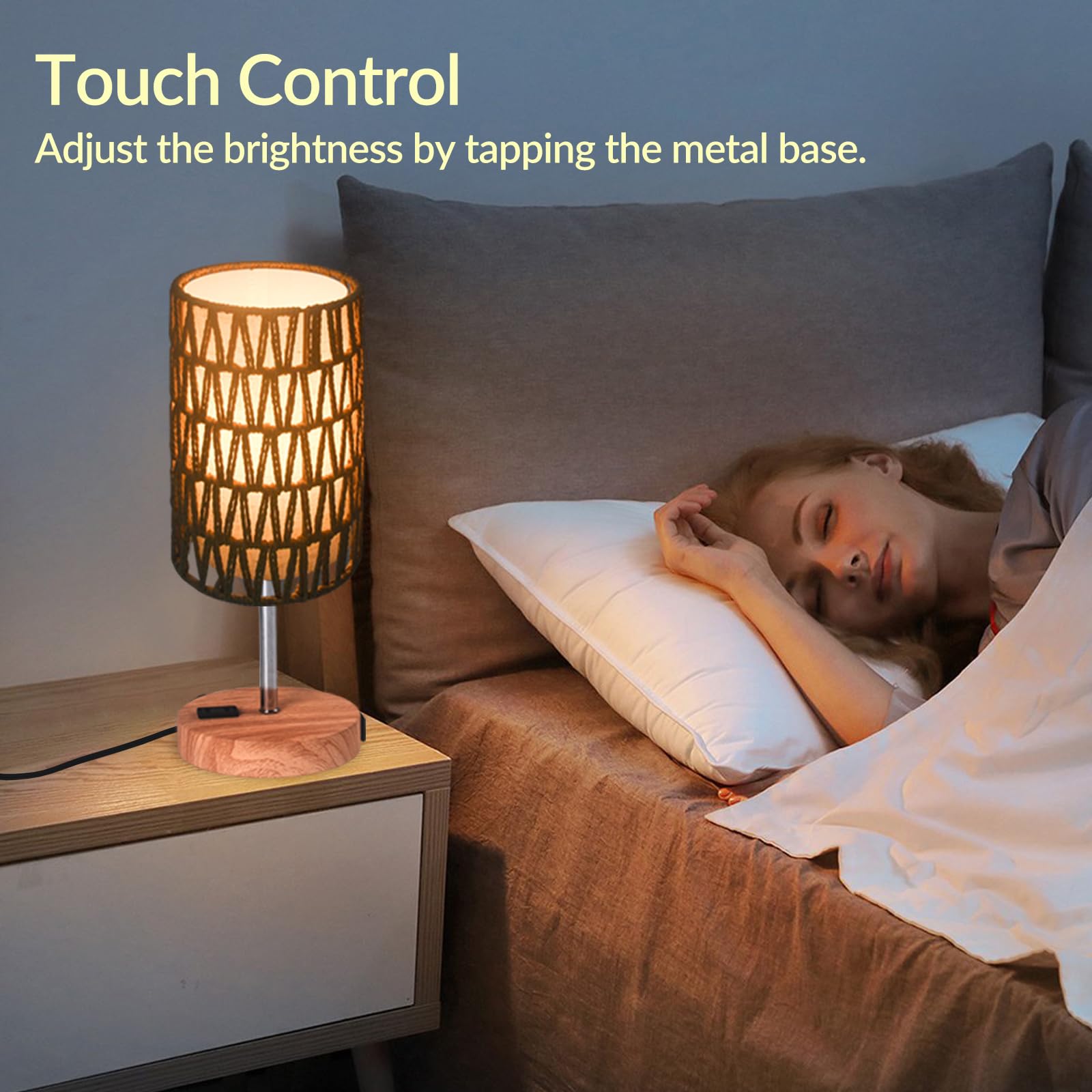 Ruhaieba Touch Table Lamp For Bedroom, 3 Way Dimmable Bedside Lamp With Usb C+A Ports And Linen Shade, Small Lamps For Night Stands Living Room Office, Led Bulb Included (Rattan Linen)