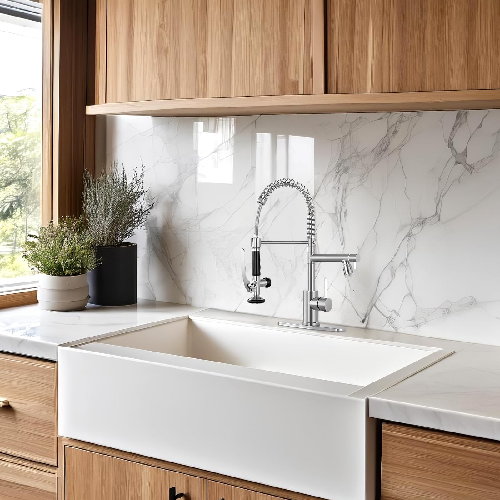 Fgkq Led Kitchen Faucets With Pull Down Sprayer, Commercial Kitchen Faucets, Two Head Kitchen Sink Faucets, High Pressure Faucet For Kitchen Sink, Stainless Steel, Brushed Nickel
