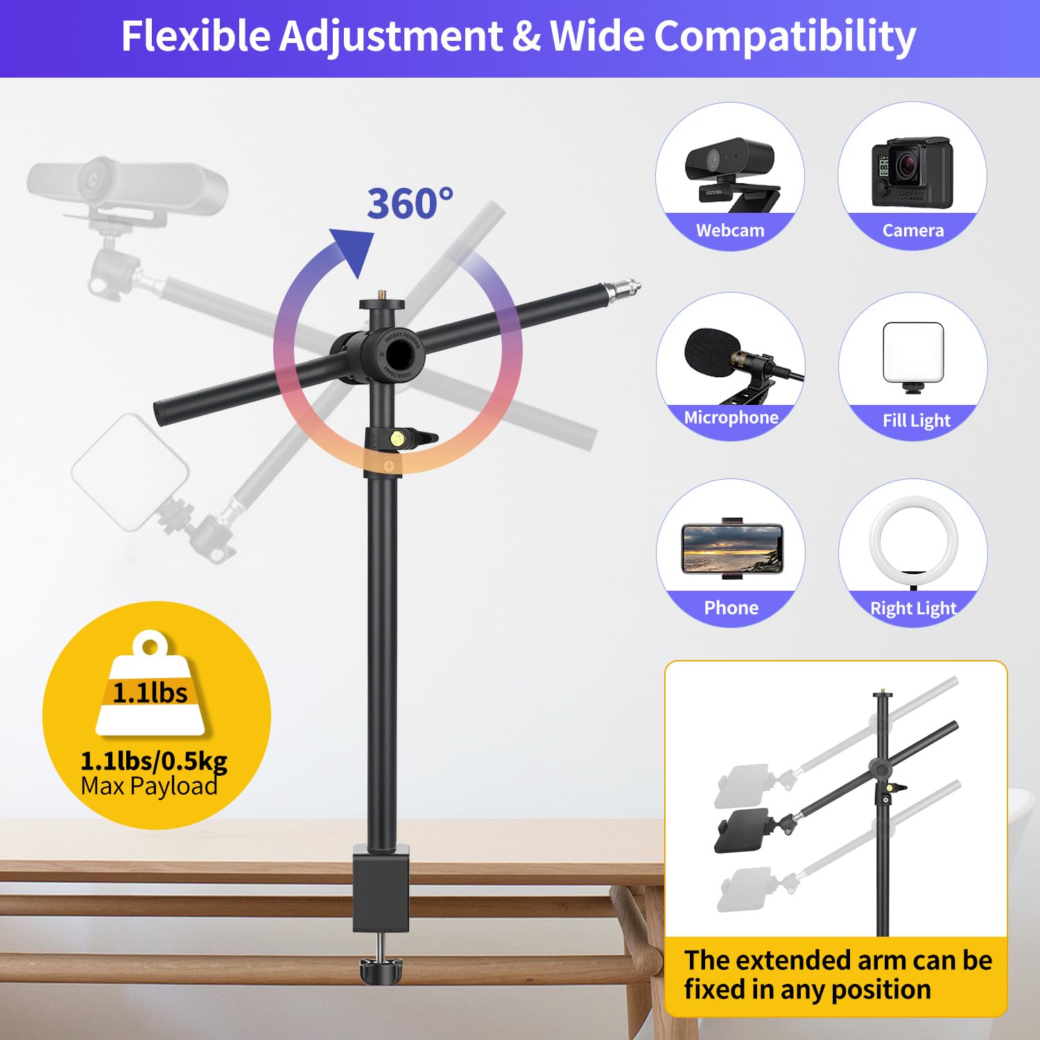 Jinsui Overhead Camera Mount, Webcam Stand For Desk With 360° Adjustable Holding Arm For Ring Light, Camera Desk Mount With Boom Magic Arm, Ball Head, Phone Holder For Cell Phone Microphone Video Streaming