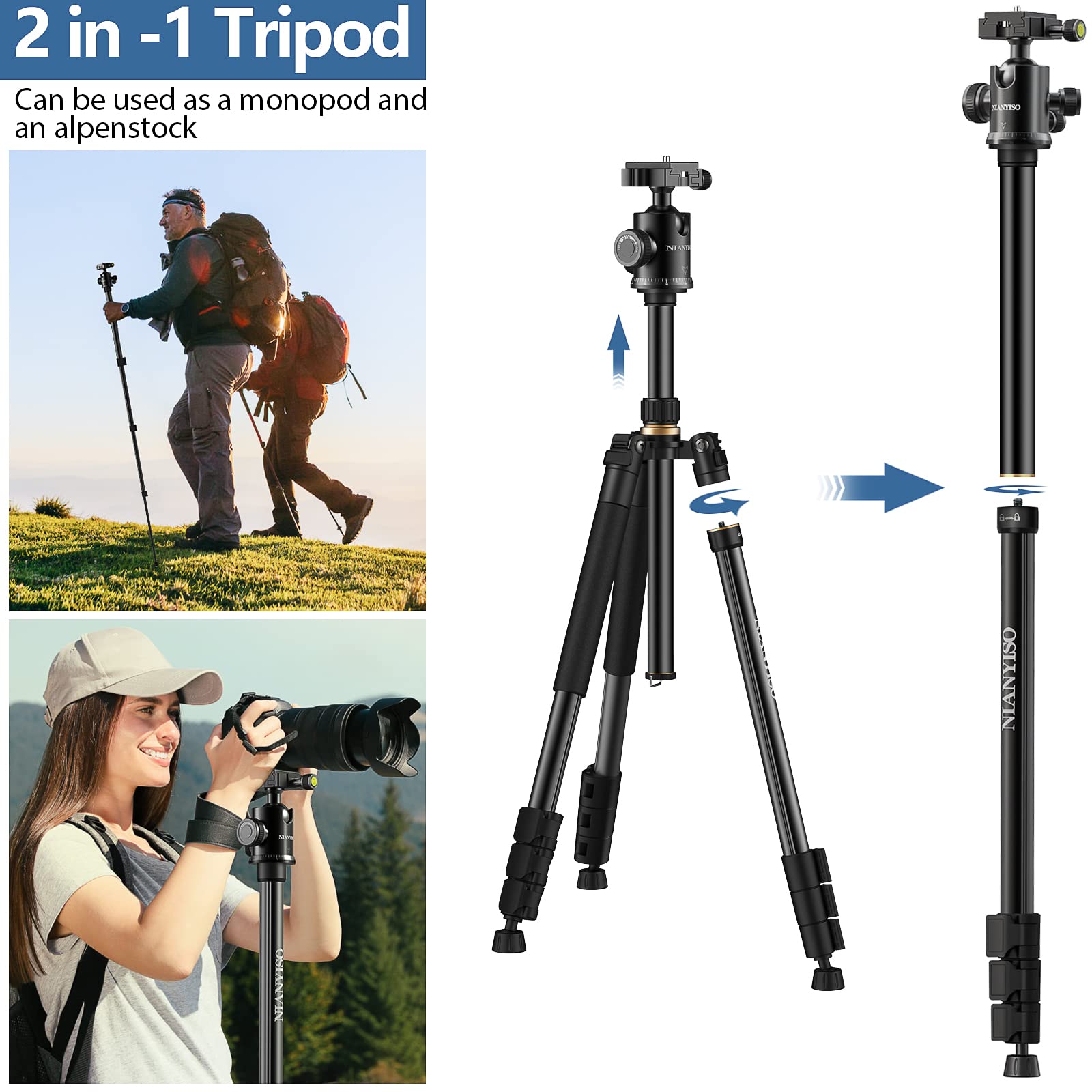 Nianyiso 77” Dslr Camera Tripod For Travel - Compact Tripod For Camera, Professional Tripods With 36Mm 360 Degree Ball Head, Lightweight Aluminum Camera Tripods & Monopods Load Up To 33 Lbs