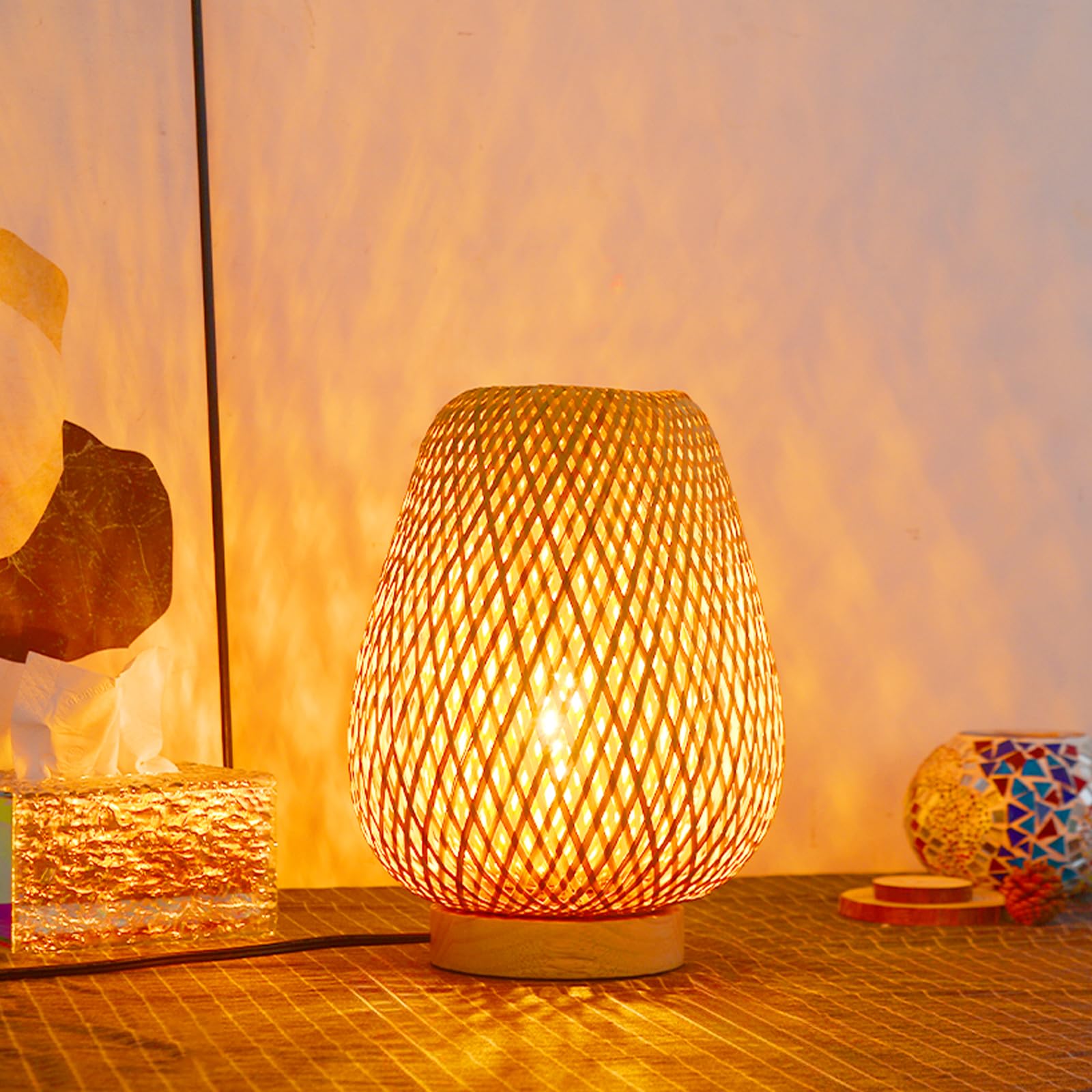 Walmhomie Handmade Boho Bamboo Table Lamp Wicker Woven Plug-In Desk Lamp, Boho Table Lights For Bedrooms Bedside Reading Light For Home Decor, 7.87''X11.81''