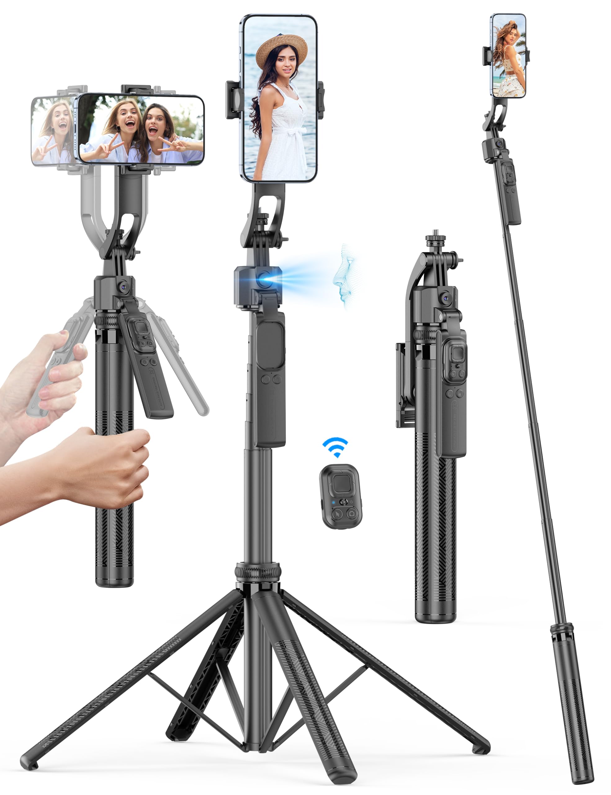 Qirita 64'' Auto Face Tracking Tripod 360 Rotation With Stand, Handheld Stabilization, Aluminum Quadrapod Selfie Stick Phone Tripod With Remote Compatible With Iphone, Android For Tiktok, Live Streaming