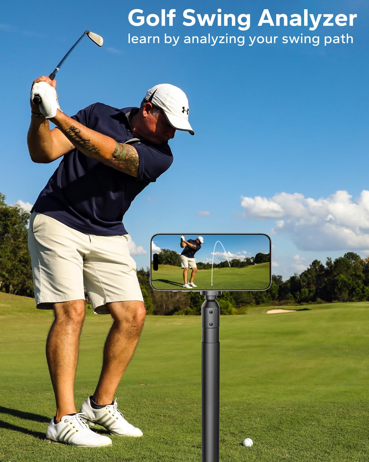 Gdzn 57" Extendable Golf Monopod Selfie Stick - Magnetic Phone Holder For Golf Swing Analysis, Putting Recording And Training Aid, Portable Travel Tripod Stand With Ground Spike, Magsafe Compatible