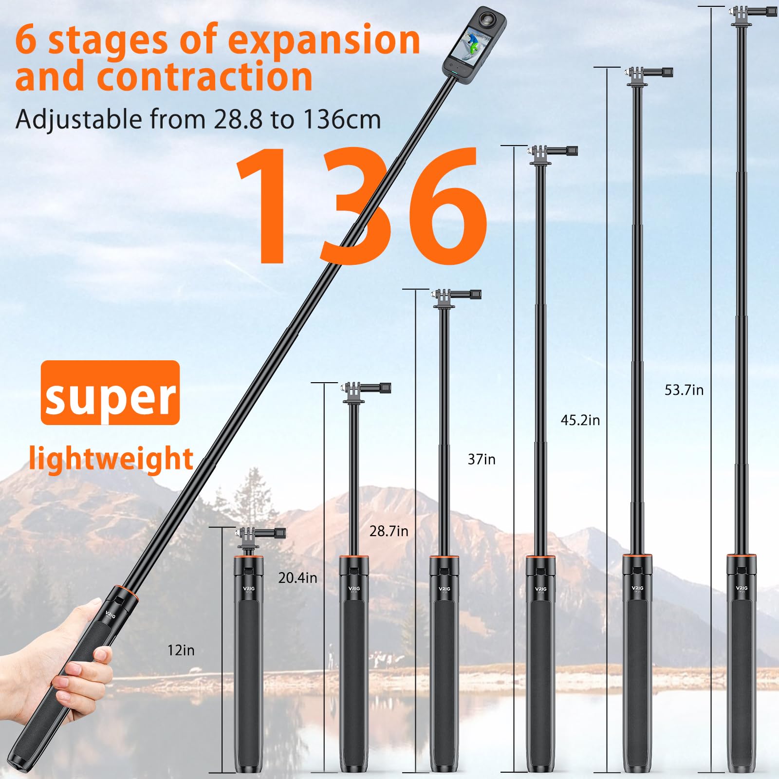 Uurig Vrig Extendable Selfie Stick Tripod For Gopro Max Hero 10 9 8 7 6 5 4, Dji Osmo Action, Insta 360 One R And More Action Camera（55.1''）