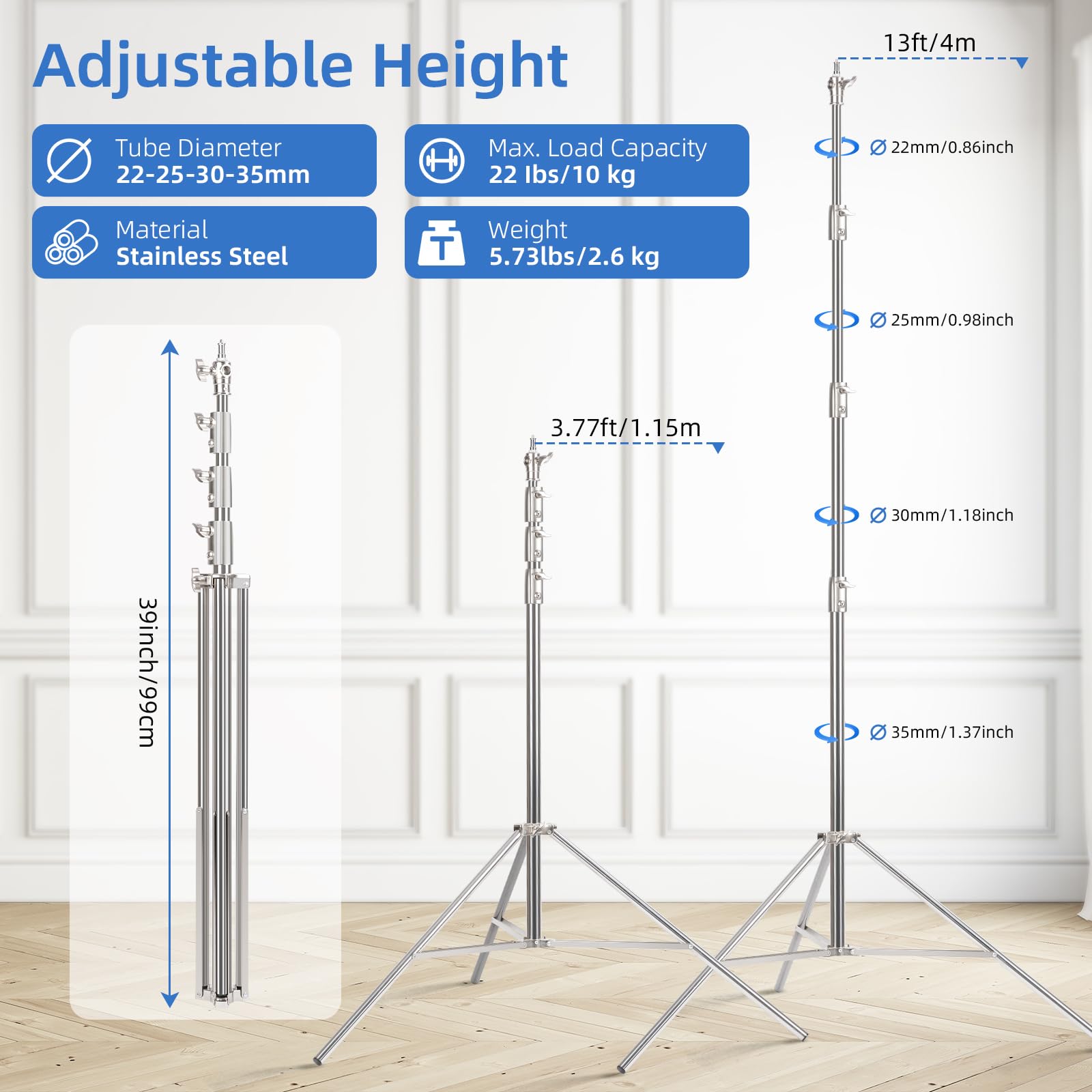 Valband 【13' Heavy Duty 】 Ultra High Camera Sports Tripod Air Cushion Telescopic Stainless Steel Light Stand 1/4 "& 3/8" Screw Adapter, Professional Sky Stainless Steel High Tripod 2 Pack