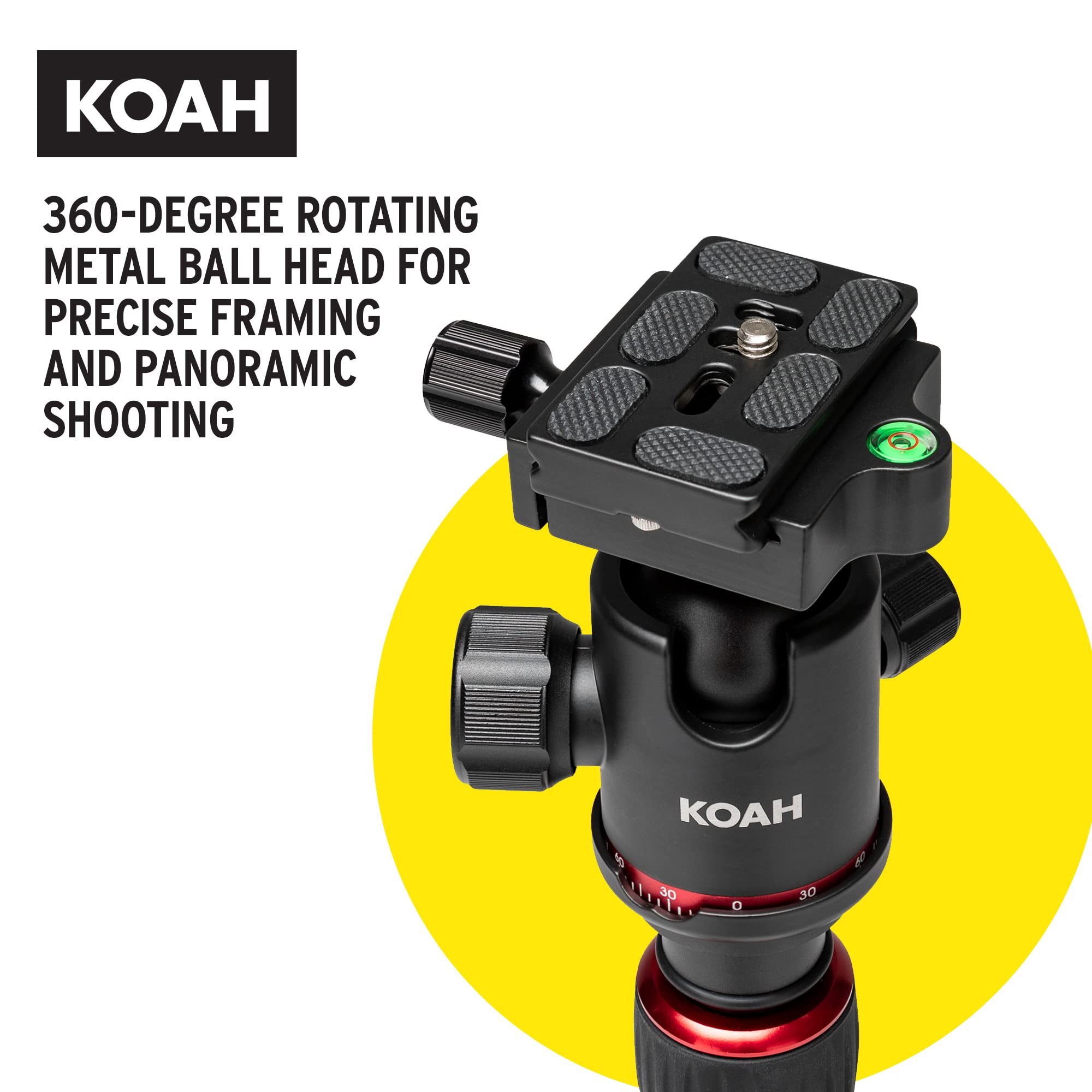 Koah Perihelion 60-Inch Professional Lightweight Aluminum Tripod For Dslr, Mirrorless Or Smartphone Cameras With Carrying Case, 360-Degree Ball Head And 33Lb. Load, For Travel And Work Use (Black)