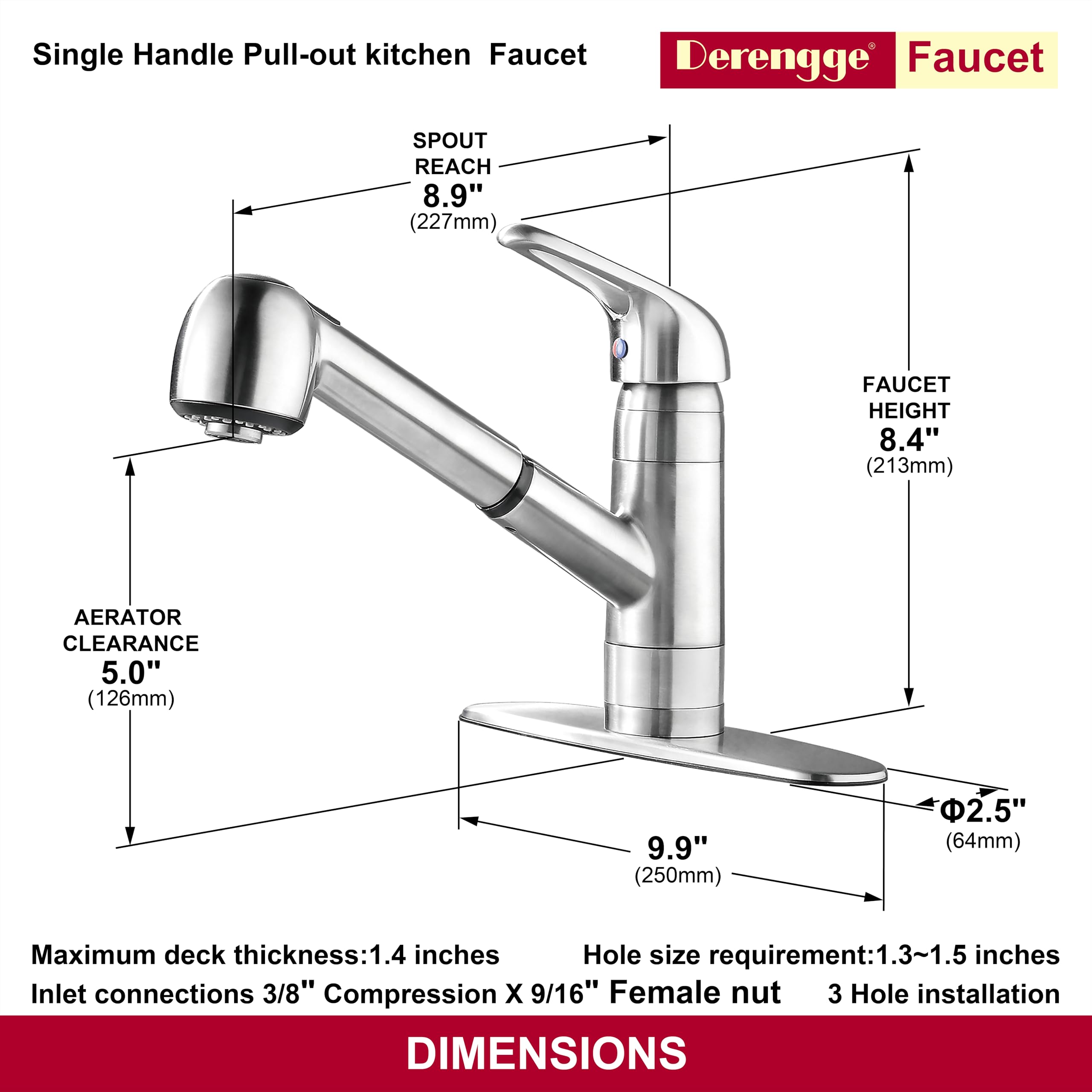 Derengge Stainless Steel 8 Inch Kitchen Sink Faucet,Single Handle Pull Out Kitchen Faucet With Deck Plate,1 Hole Or 3 Hole Installation,Kf-8125-Ss