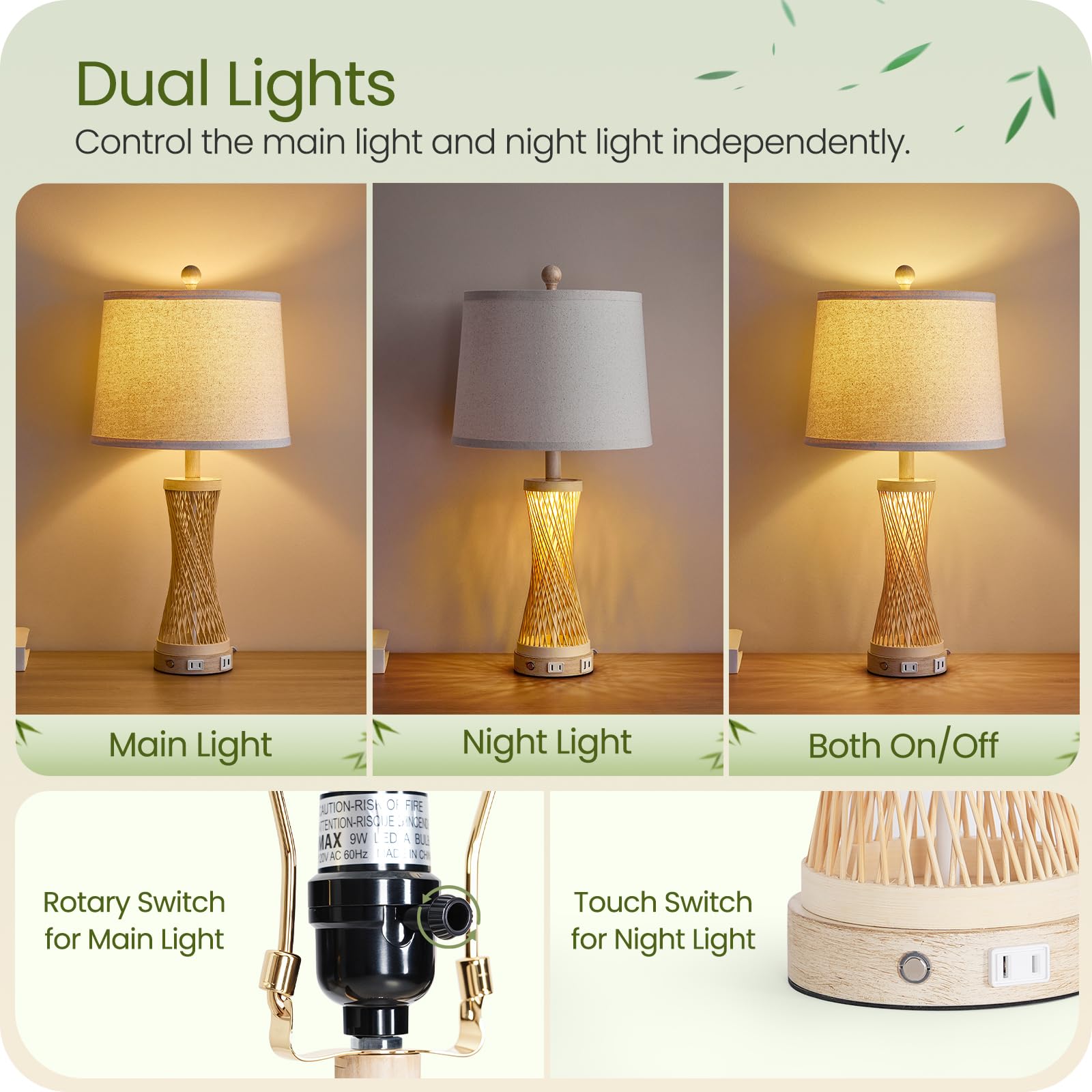 Goebleson 24.4” Farmhouse Rattan Table Lamp, Touch Bedside Lamp For Bedroom With 3-Way Dimmable Night Light, Usb A+C Charging Ports, Bamboo Boho Nightstand Lamp With Cream Linen Shade (Bulbs Included)