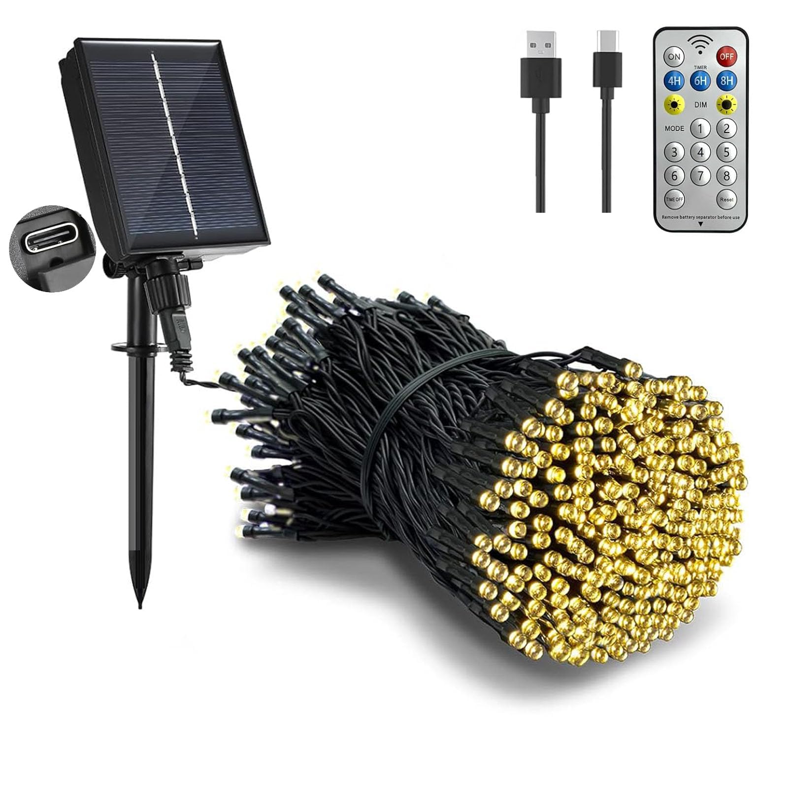 Merrimax M Solar String Lights Outdoor - 65Ft/20M 200 Led Solar Powered String Lights, Usb Charging, Remote, 8 Modes Waterproof Lights For Garden, Yard, Tree Decor- Warm White