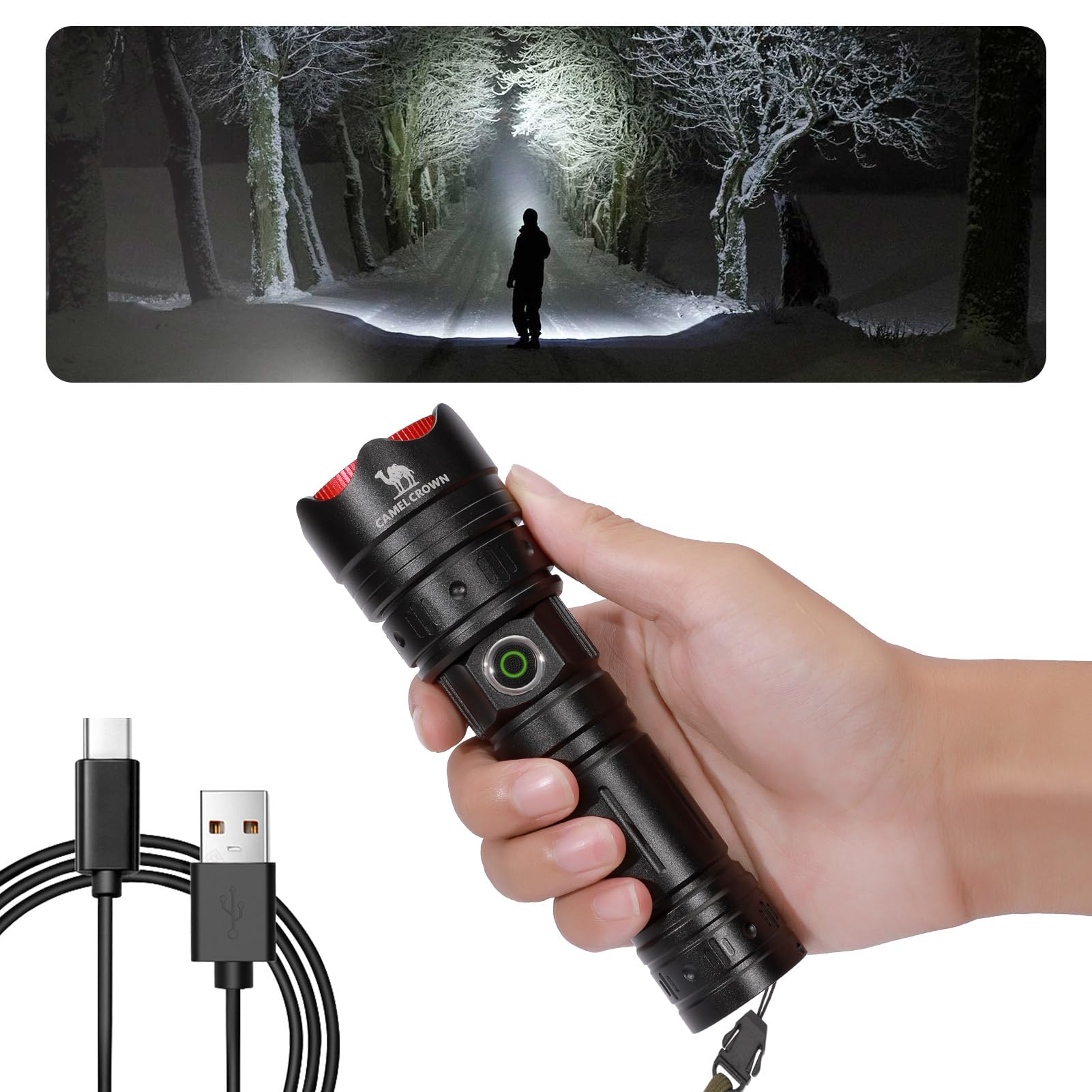 Camel Crown Rechargeable Flashlights High Lumens 90000 Lumen Led Flashlights With 5 Modes Ipx7 Waterproof Zoomable Tactical High Powered Flash Light For Home Outdoor