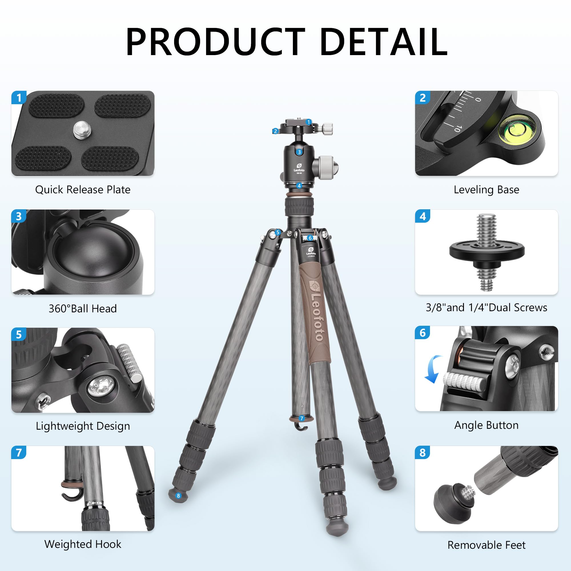 Leofoto Carbon Fiber Lightweight Travel Tripod, Reversible Folding Leg Tripod With Ball Head, Removable Center, Maxload 10Kg, Weight 1.66Kg, Folded 470Mm (Lx-284Ct+Xb-38)