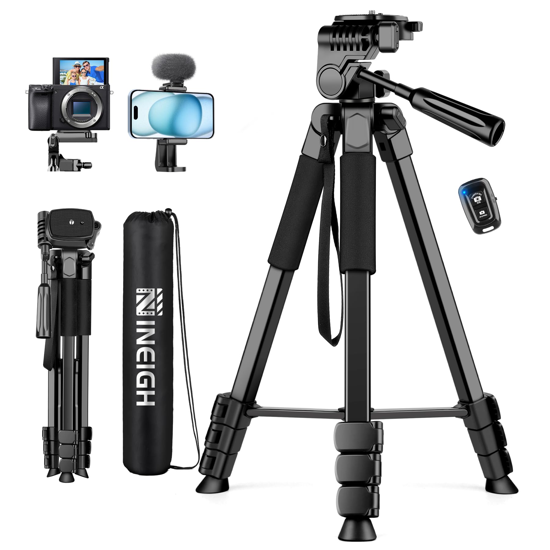 Nineigh Phone Camera Tripod, 67“ Dslr Tripod Stand With Remote Phone Holder, Aluminum Travel Tripods For Photo, Video Recording