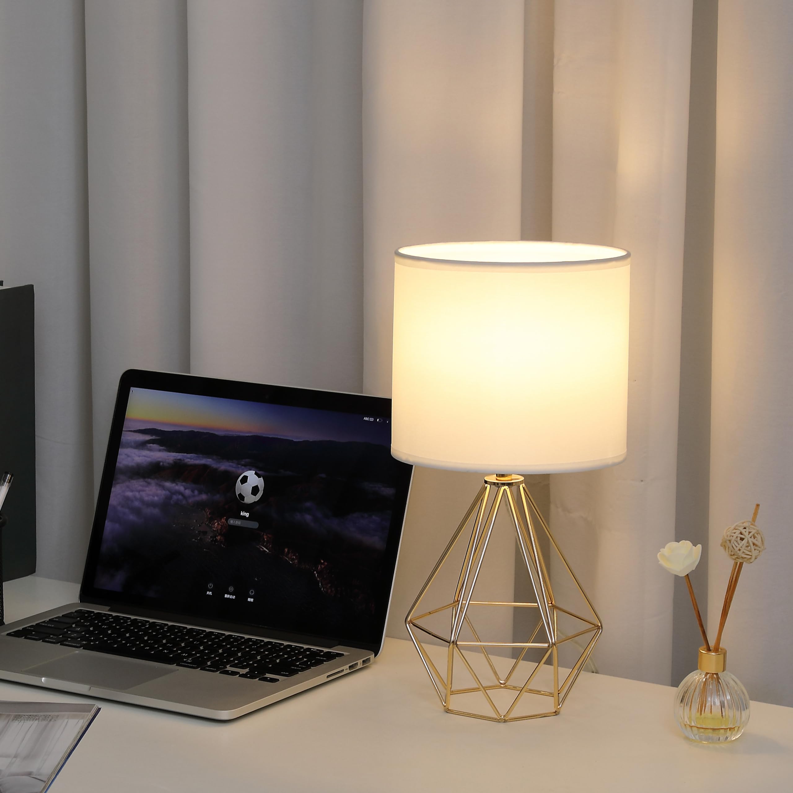 Krasty Small Gold Table Lamp Set Of 2, Bedside Nightstand Lamps With White Fabric Shade,Hollow Metal Base, Desk Lamp, Modern Geometric Table Lamp For Bedrooms, Living Room,Office