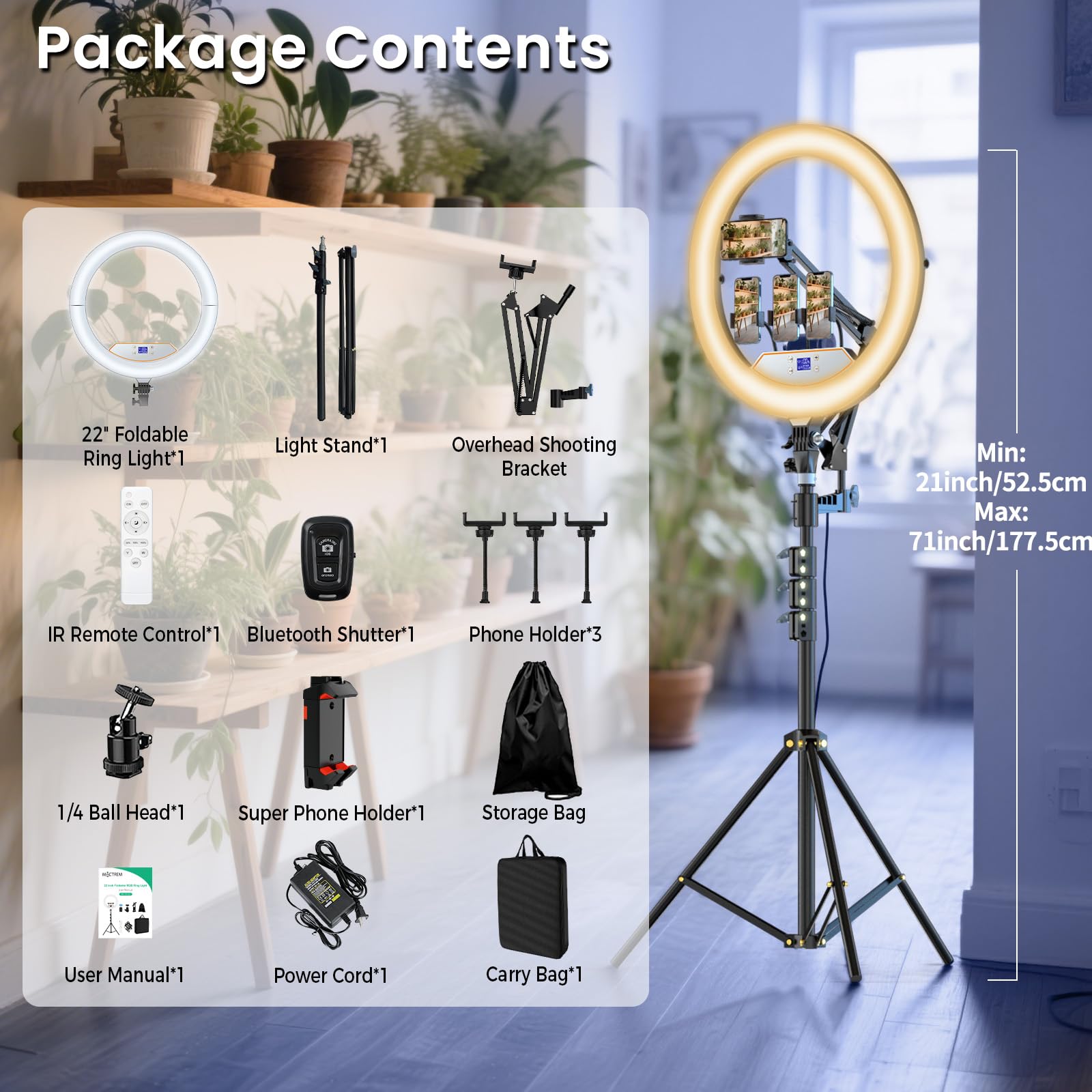 Mactrem 22" Foldable Large Ring Light With Stand For Iphone Ipad,75" Tripod With Overhead Shooting Bracket 50W 6500K 4 Clips/Lcd Display/2 Usb Portstattoo Barber Makeup Studio Video Photography Lighting