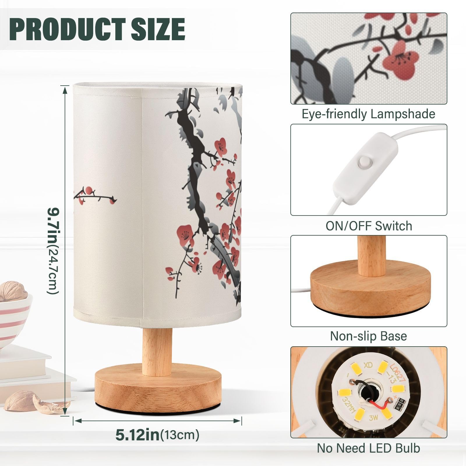 Oarencol Bedside Table Lamp Japanese Cherry Blossom Nightstand Lamp With Wood Wintersweet Bird Vinter Floral Desk Lamps For Bedroom Living Room Nursery Office Home Decor