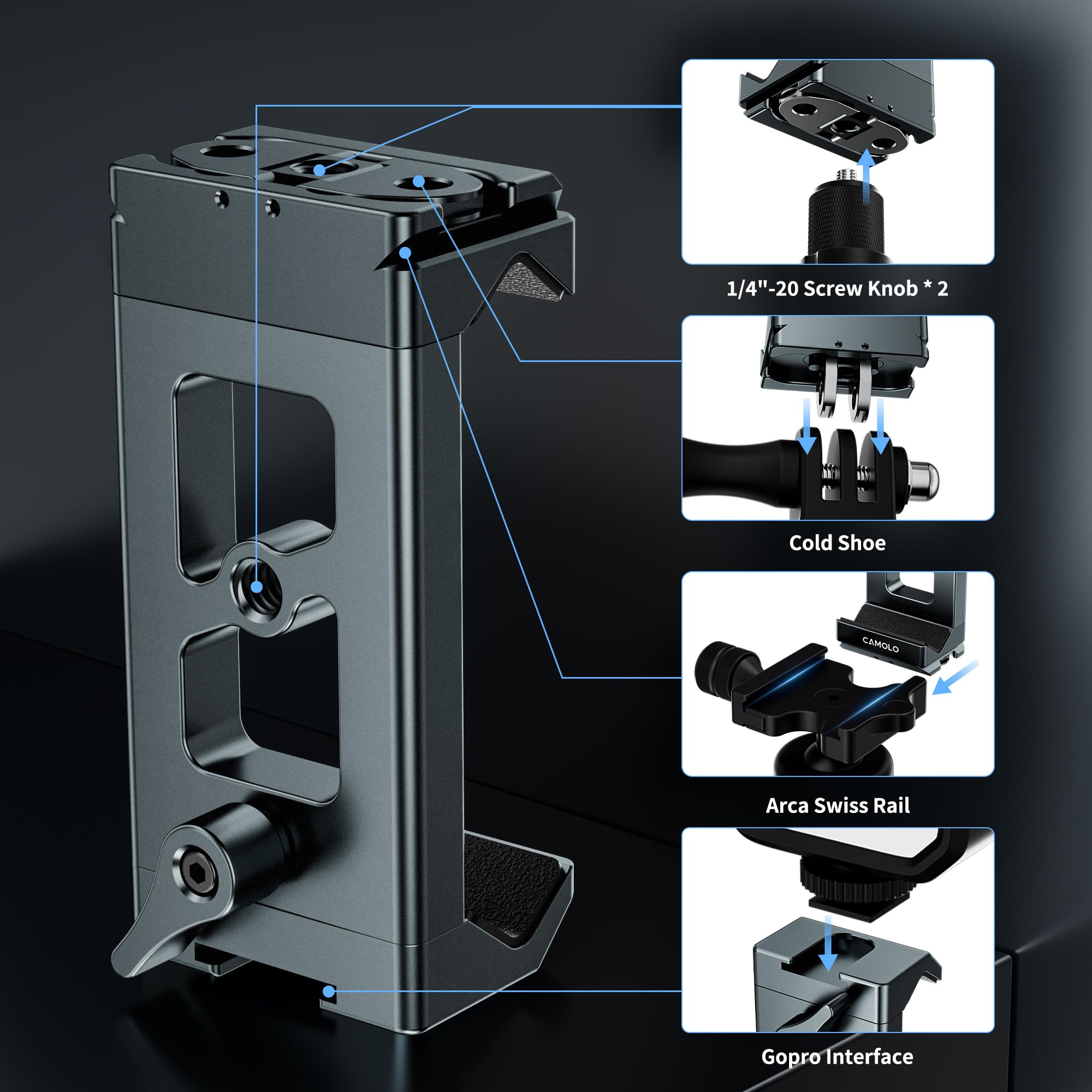 Camolo Geek Metal Phone Tripod Mount Arca Port & Action Camera Adapter, Adjustable Smartphone Tripod Adapter Clamp Cell Phone Stand Holder Compatible With Iphone Plus Pro Max Gopro Samsung Galaxy Motorola Pixel