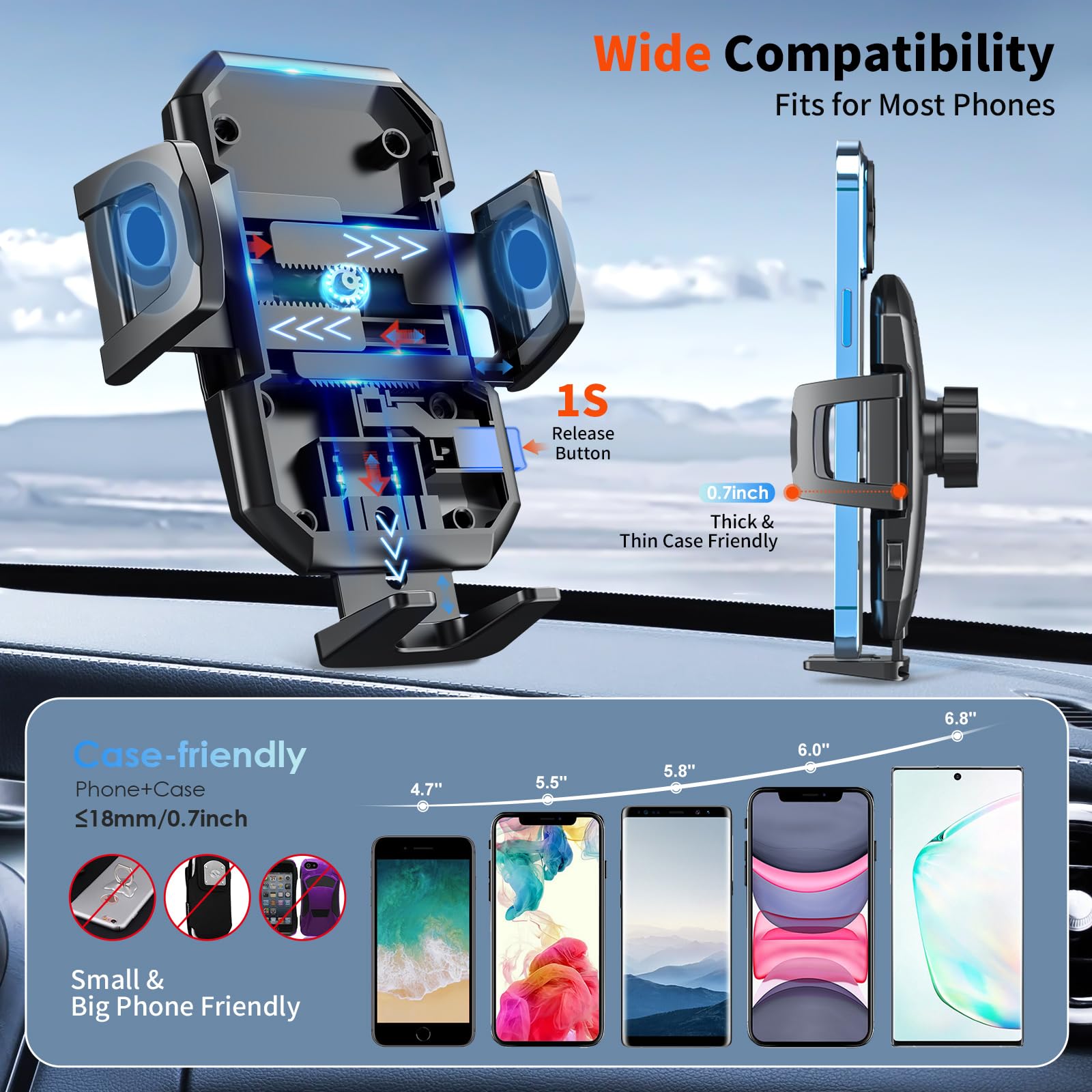Suuson  3-In-1 Car Phone Holder Mount [Powerful Suction] Phone Mount For Car Dashboard Air Vent Windshield,For All Iphone Android Phone (Black)