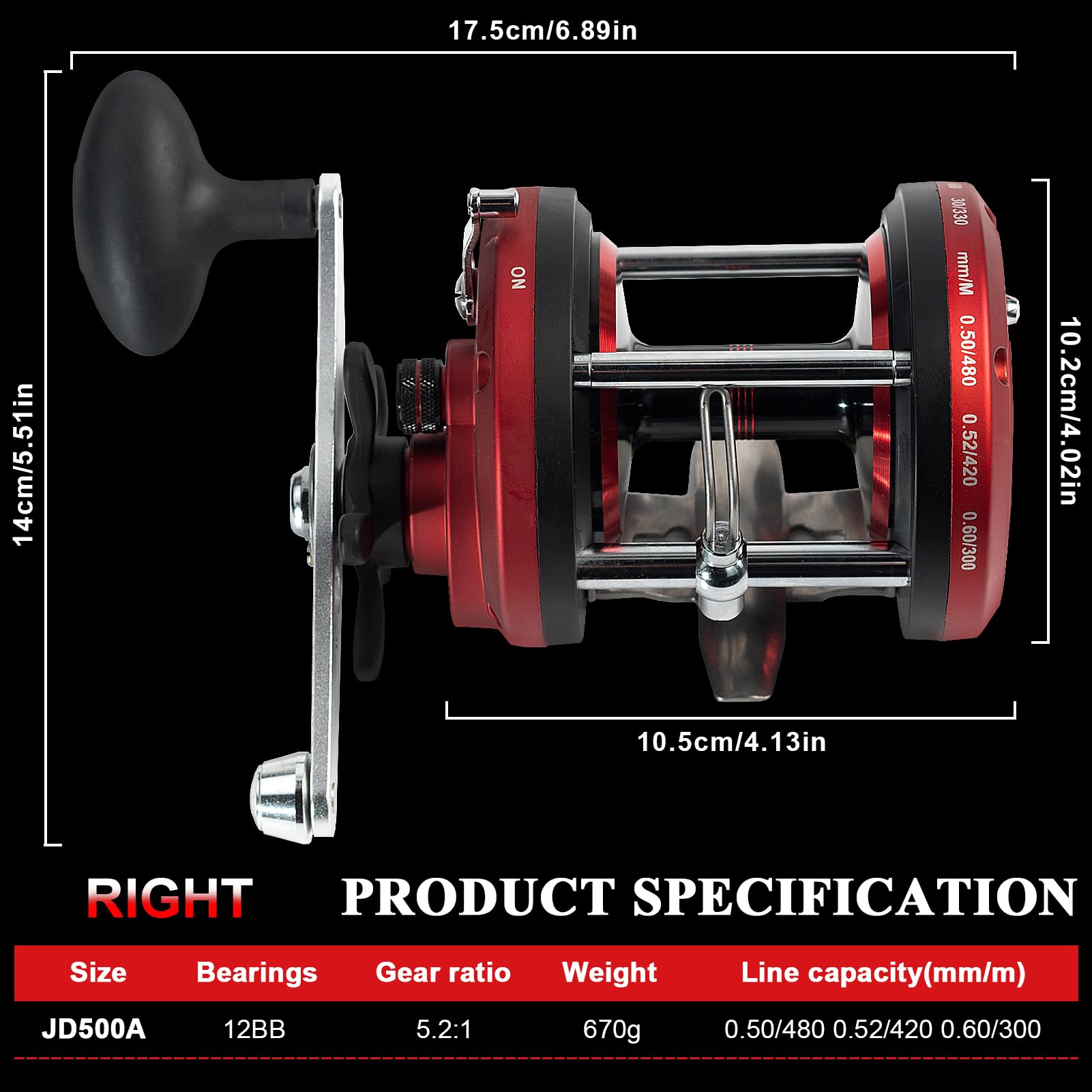 Fisher Round Baitcasting Fishing Reel 5.2:1 Gear Ratio Stainless Steel 12Ball Bearings Cnc-Machined Aluminum Large Capacity Smooth Power Conventional Baitcasting Reel Fishing Round Trolling Reel