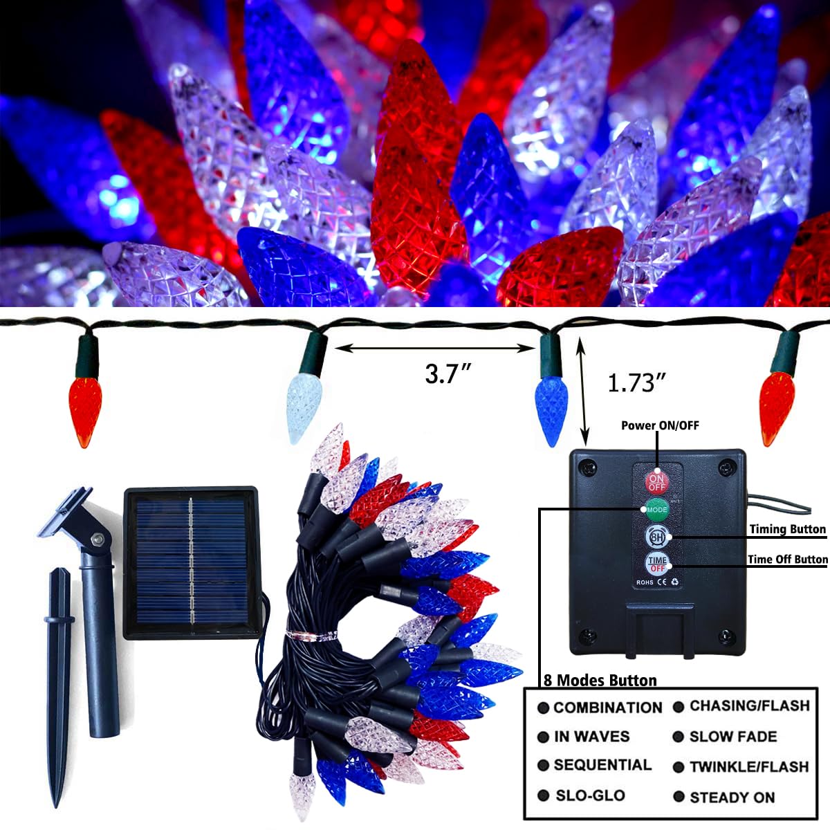 Smatols Solar July 4Th Day String Lights, 50 Led 8 Modes C6 Red White And Blue String Lights Waterproof Rechargeable Outdoor Garden Fairy Lights For Independence Day Party Patio Decorations