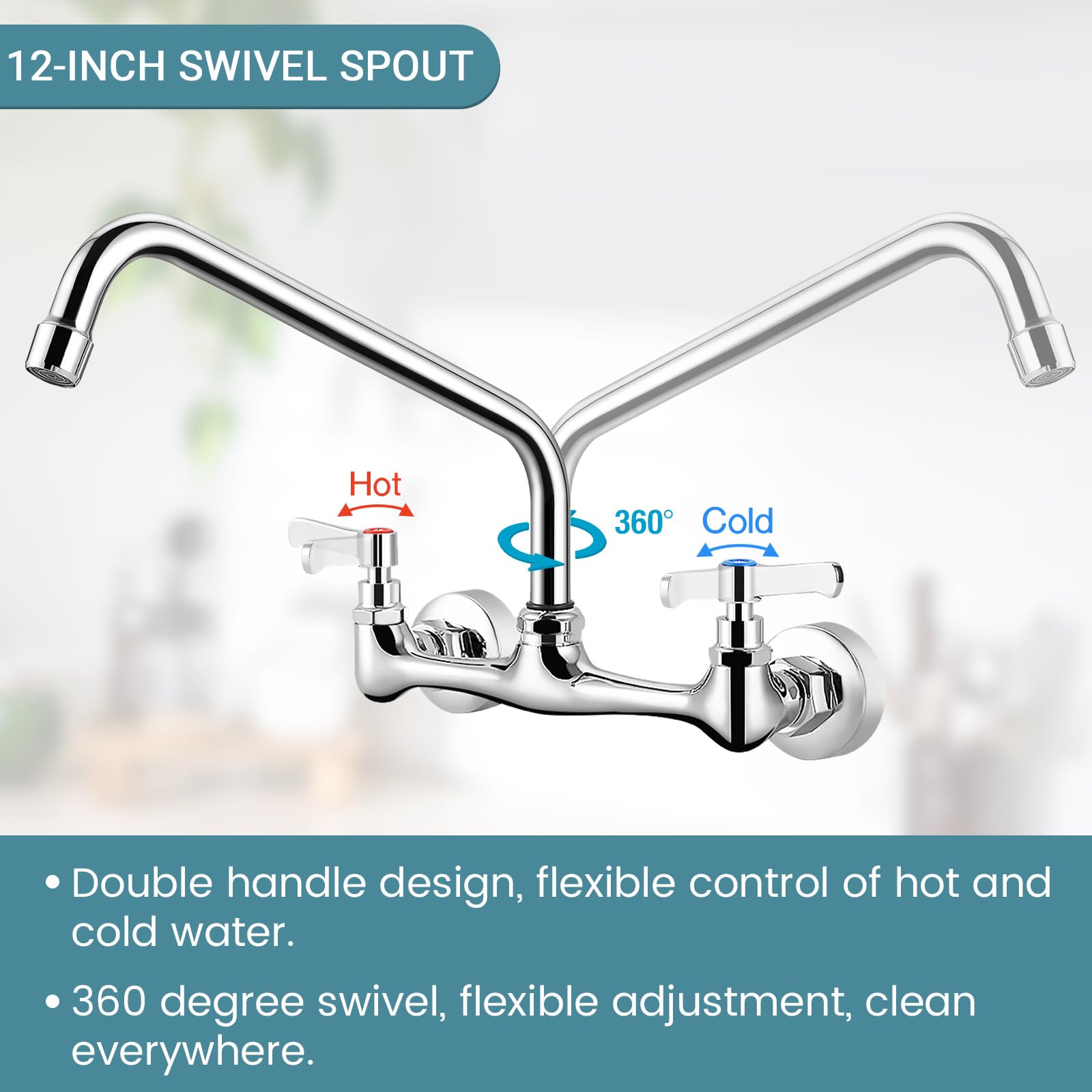 Fgkq Wall Mounted Kitchen Faucets, Kitchen Faucet With 12 Inch Goose Neck, Commercial Kitchen Sink Faucets With 360 Degree Spout, Adjustable Install Distance, Chrome
