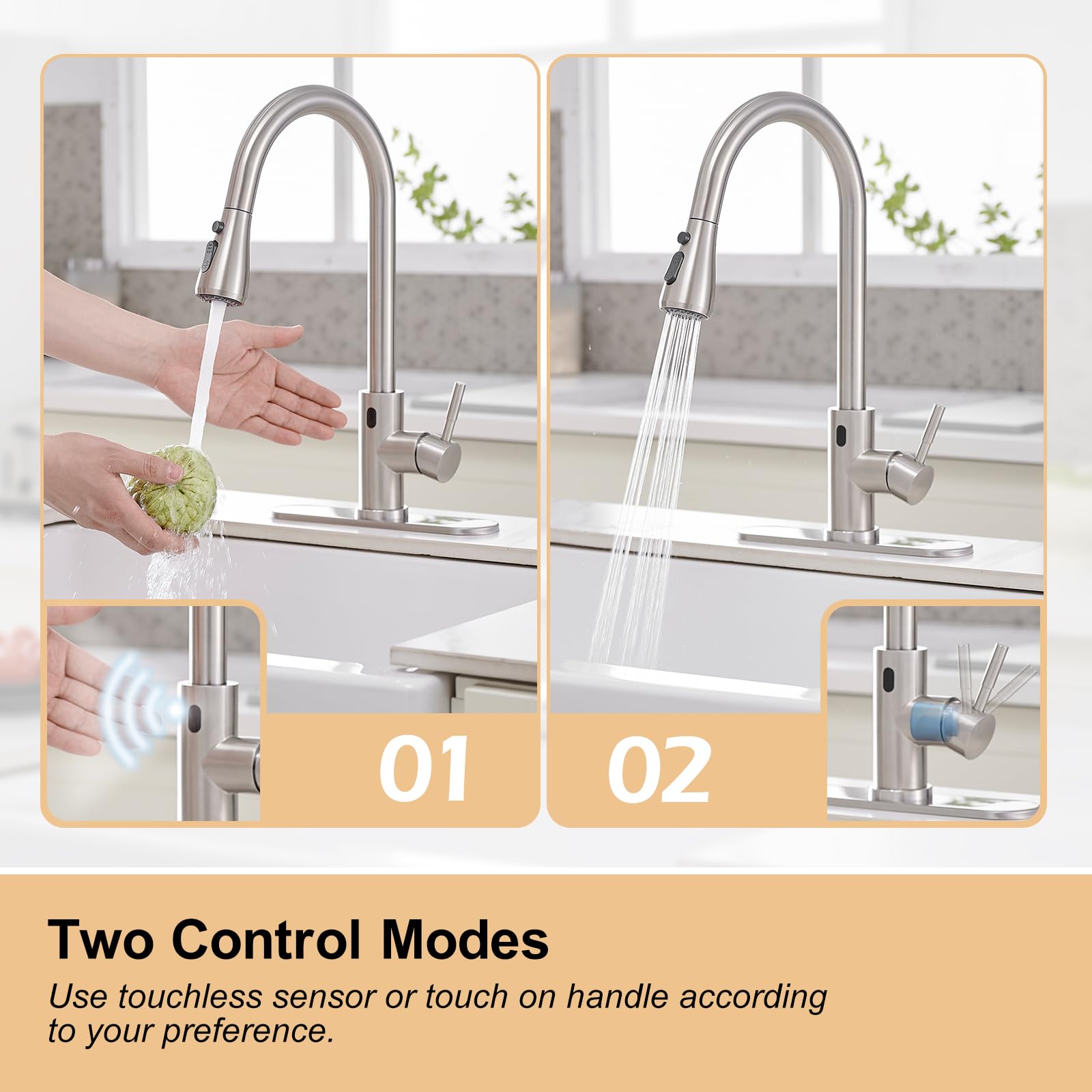 Bathlavish Touchless Kitchen Faucet With Pull Down Sprayer, Motion Sensor Single Handle Stainless Steel Commercial Faucet, Hands- Smart Activated Sink Faucet With Deck Plate, Brushed Nickel