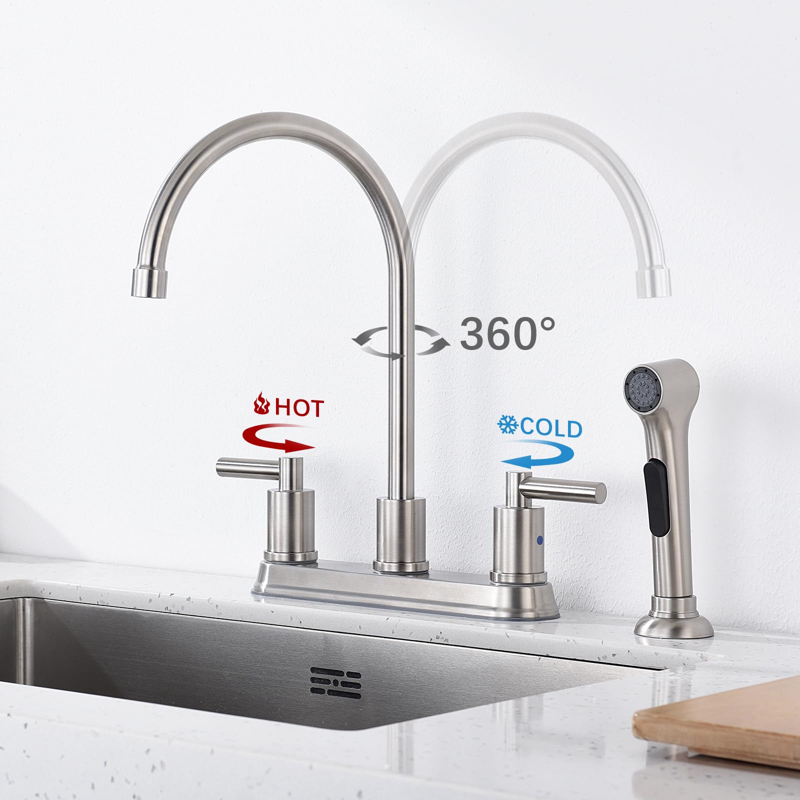 Arrisea 2 Handle Kitchen Sink Faucet With Side Sprayer, Two Handle 4 Holes 8 Inch Centerset Kitchen Faucets With 24 Inch Pull-Out Side Sprayer, Brushed Nickel Stainless Steel High Arc Kitchen Tap