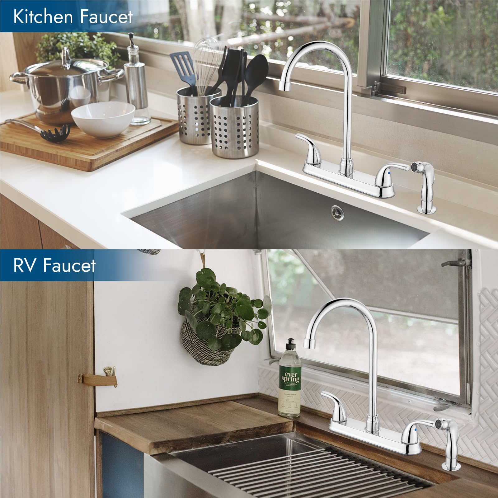 Cinwiny Kitchen Faucet With Side Sprayer,3 Or 4 Holes Kitchen Sink Faucet With Sprayer,Stainless Steel Two Handle 8 Inch Rv Kitchen Faucets With C-Handle, Polish Chrome