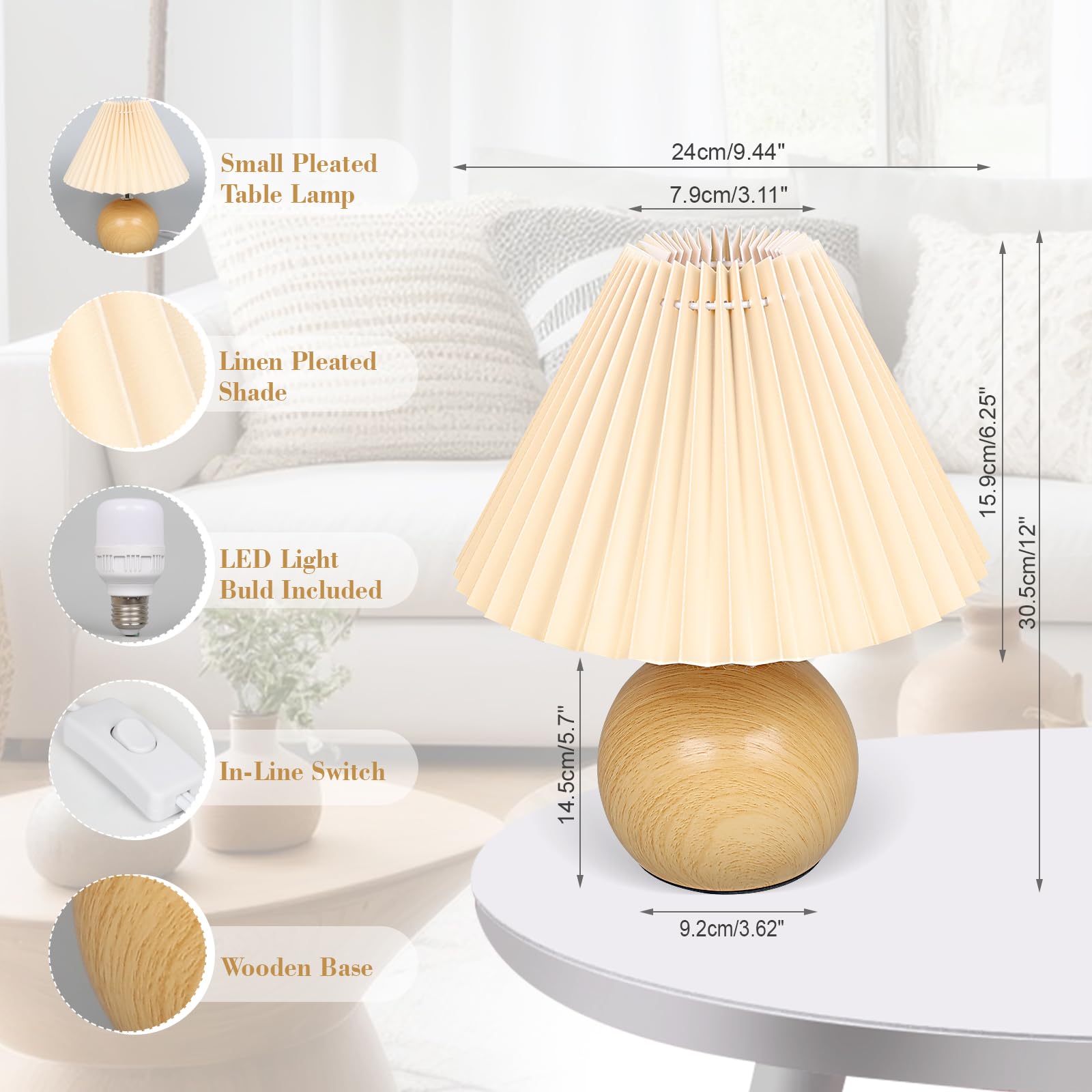 Jachoyi Small Pleated Table Lamp, Bedside Nightstand Lamp With Beige Lampshade, Morden Mini Lamp For Bedroom Home Office Decor, E27 Bulb Included