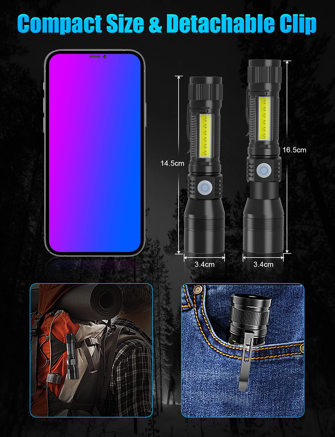 Vnina Uv Rechargeable Flashlights Tactical,1000 High Lumens 3 In 1 Led Black Light Flashlight -Magnetic Base/Sidelight/Zoomable, Bright Pocket Flash Light For Stains Detection Camping Emergency,2Pcs