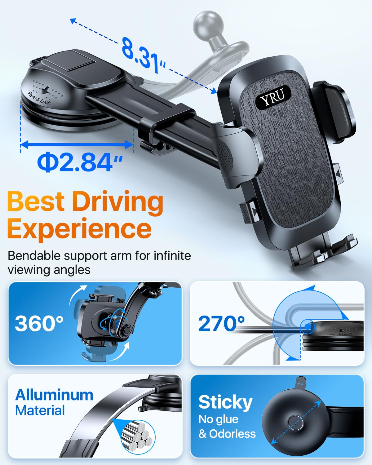 Yru [ Ultimate Car Phone Holder Mount [Bendable & Adjustable Aluminum Arm] Cell Phone Holder For Car Dashboard Windshield Phone Stand For Iphone 16 15 14 13 Pro Max Samsung Pickup Truck, Black