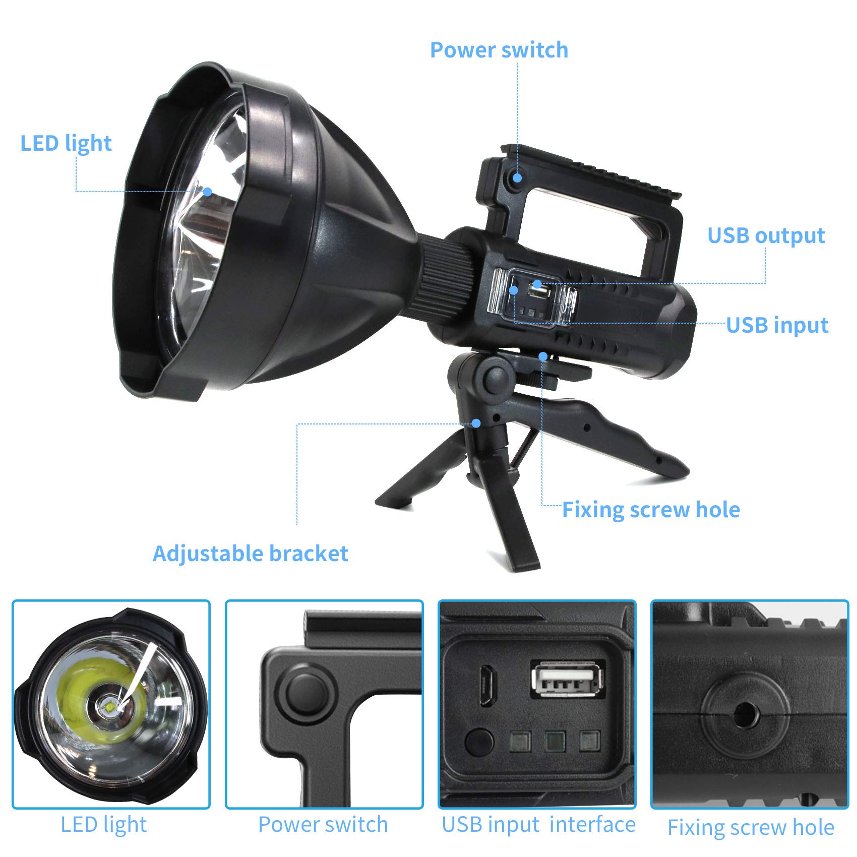 Foleto Rechargeable Led Spotlight Flashlights 120000 High Lumens, Super Bright Flashlight With 4 Modes Ipx5 Waterproof, Large Searchlight For Fishing, Hiking And Camping With Tripod(Large)