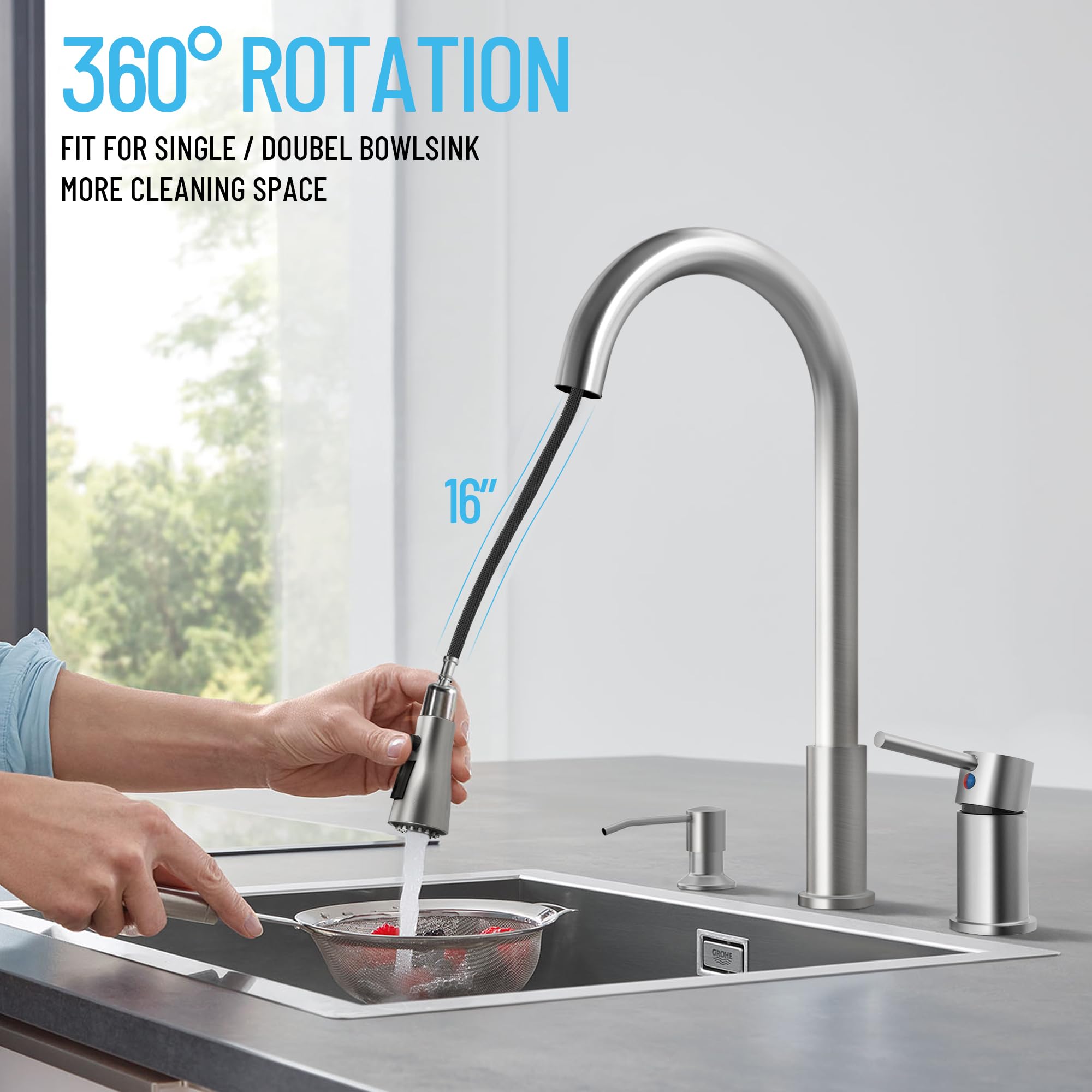 Fropo 3 Hole Kitchen Faucets, Brushed Nickel Kitchen Faucet With Soap Dispenser, Kitchen Faucets With Pull Down Sprayer And Single Side Handle 3 Pieces, Stainless Steel High Arc Kitchen Sink Faucet