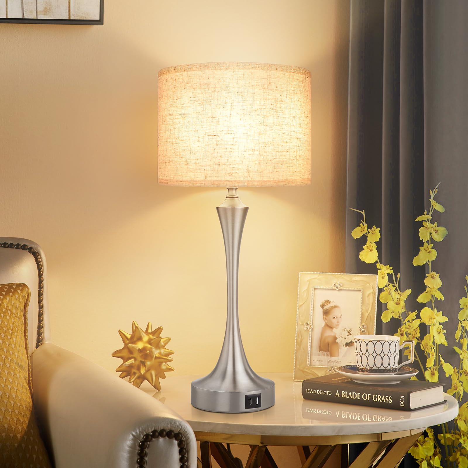 Ggoying 22” Touch Control Table Lamp Set Of 2, 3 Way Dimmable Nightstand Lamp With Usb A+C Ports, 3000K Led Bulbs, Fabric Lampshade Brush Nickel Bedside Lamp For Bedroom, Silver