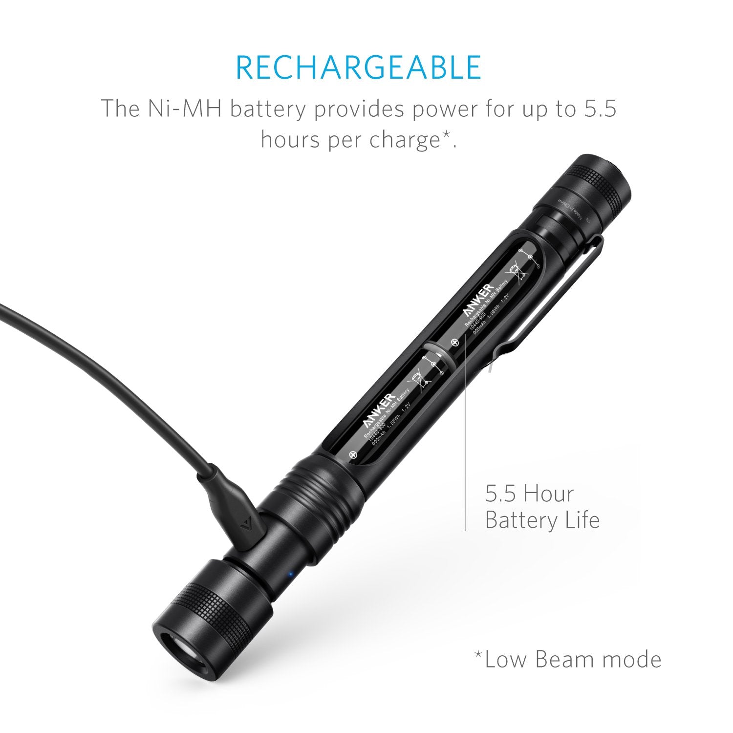 Minibird Anker Rechargeable Bolder P2 Led Pen Flashlight, 120 Lumens, Ipx5 Water-Resistant, 900Mah Nimh Battery ×2 Included, 2 Modes (High Beam, Low Beam)