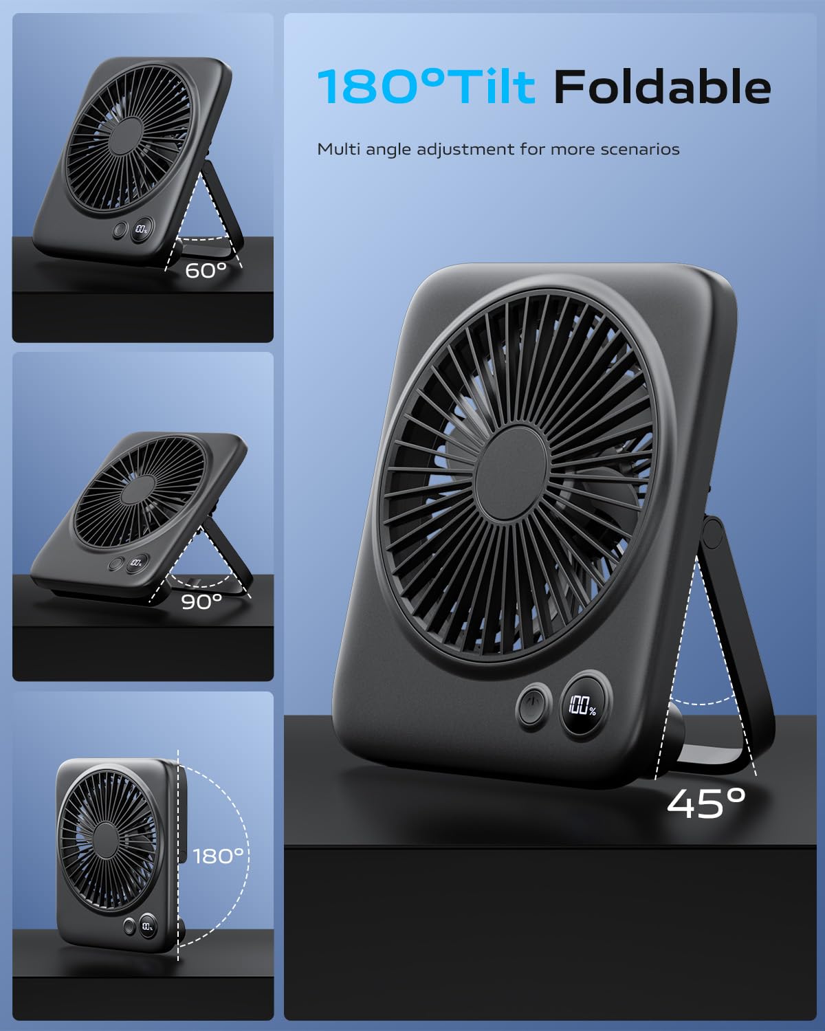 Otlonpe Small Desk Fan 6.5 Inch, 4000Mah Rechargeable Portable Fan For Travel, Slim Quiet, 7.5-22H