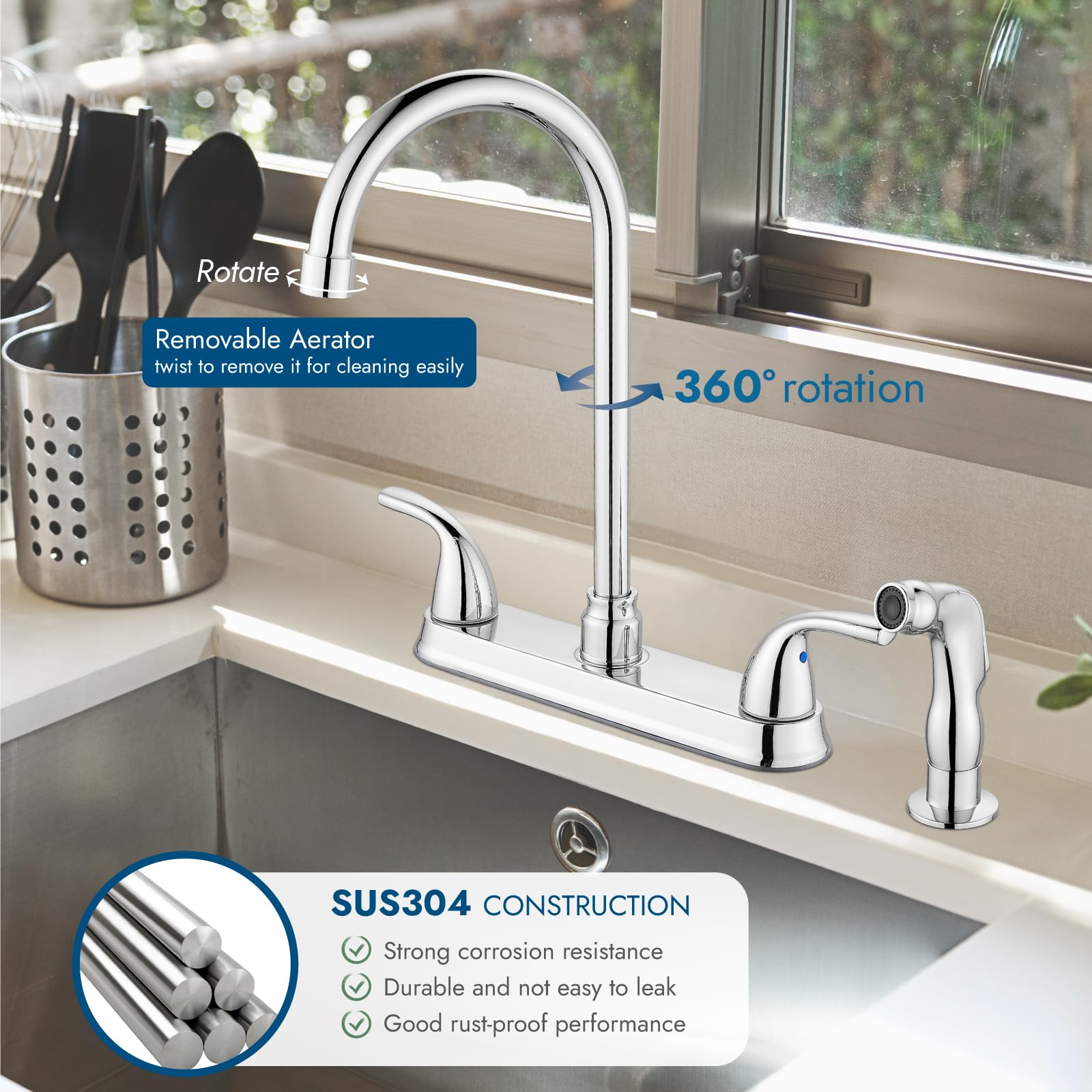Cinwiny Kitchen Faucet With Side Sprayer,3 Or 4 Holes Kitchen Sink Faucet With Sprayer,Stainless Steel Two Handle 8 Inch Rv Kitchen Faucets With C-Handle, Polish Chrome