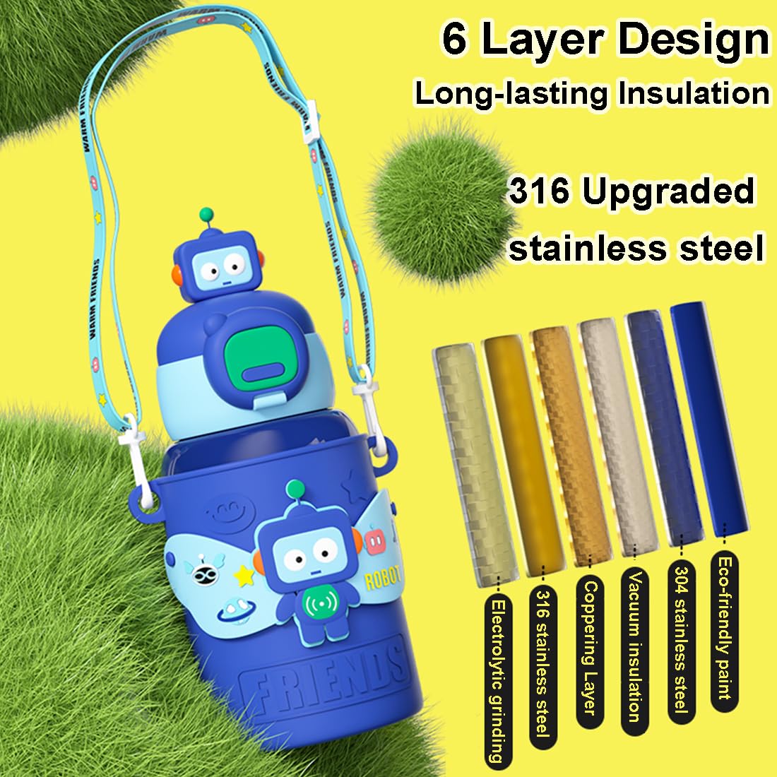 Cute Insulated Water Bottle With Straw Strap Kids, 15 Oz Metal Cups For Hot And Cold Drinks,