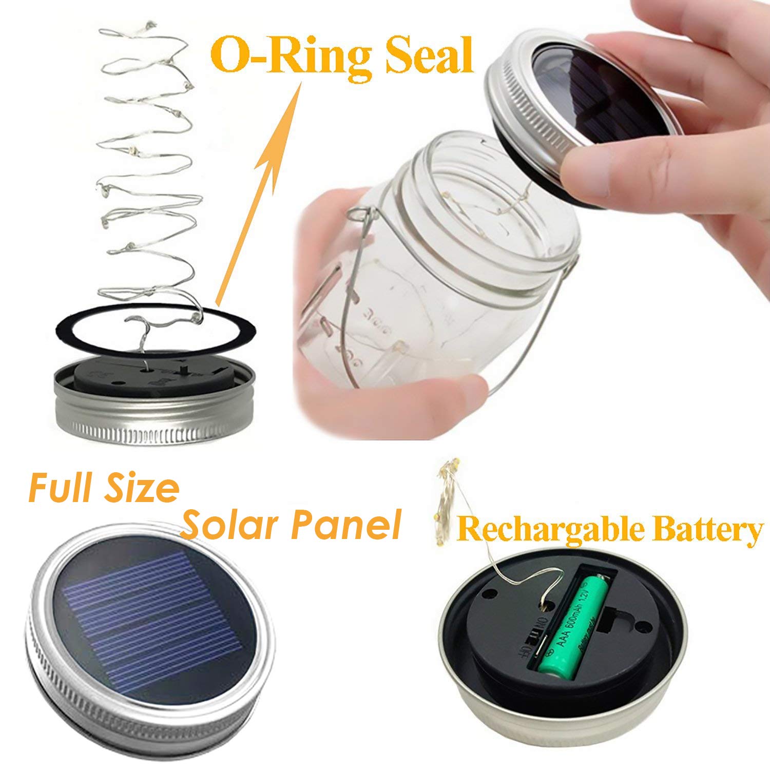 Yitee Mason Jar Solar Lantern Lights, 8 Pack 30 Led Bulbs Fairy Star Firefly Solar Lids Jar Lights,8 Hangers Included(No Jars),For Patio Garden Mason Jar Lanterns Table Wedding Decorations Lights