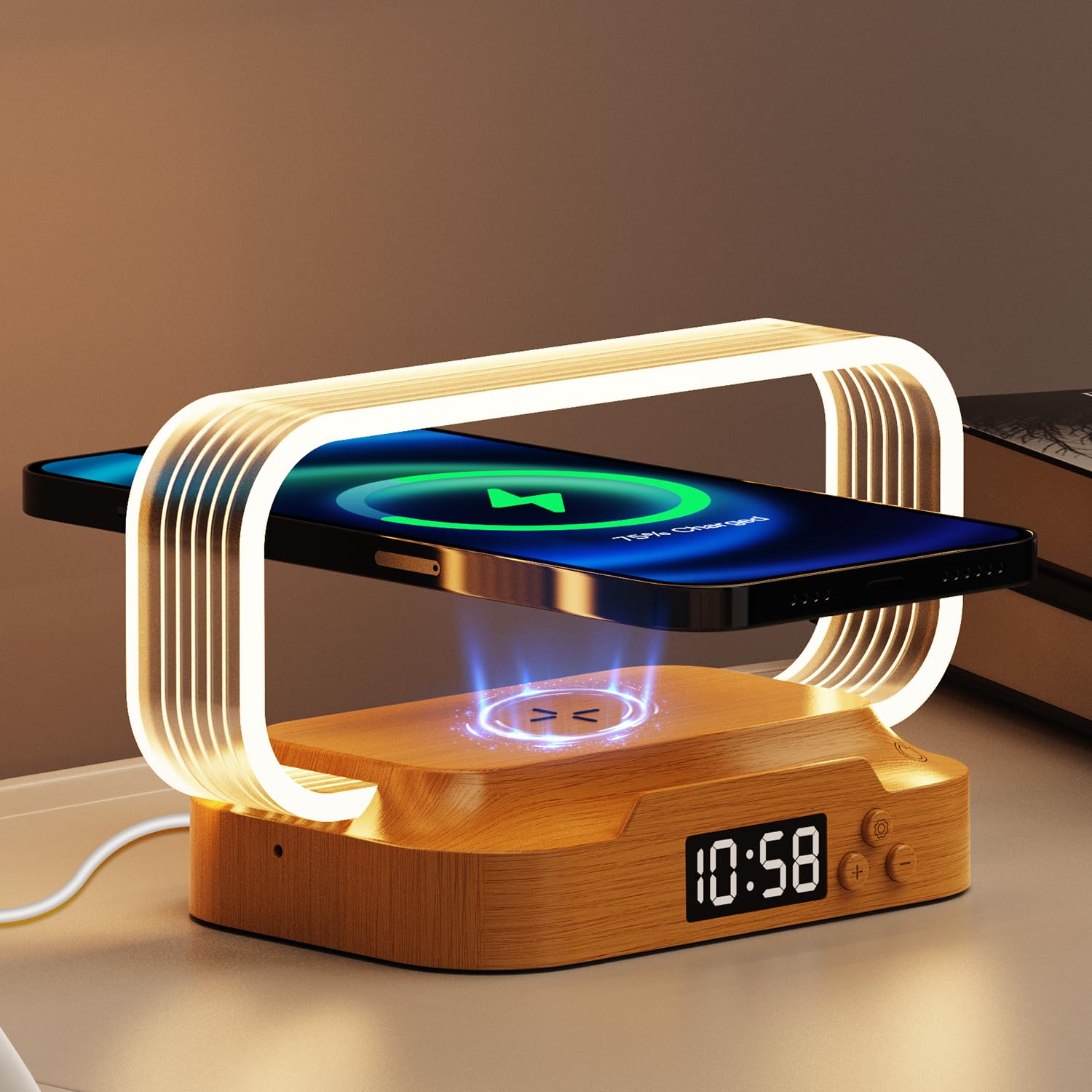 Donewin Small Nightstand Lamp With Wireless Charger,Cute Bedside Lamp With Clock,Small Table Lamp For Bedroom,Mini Night Light For Bedroom,Tiny Light As ,Stepless Dimmable,3 Color Modes