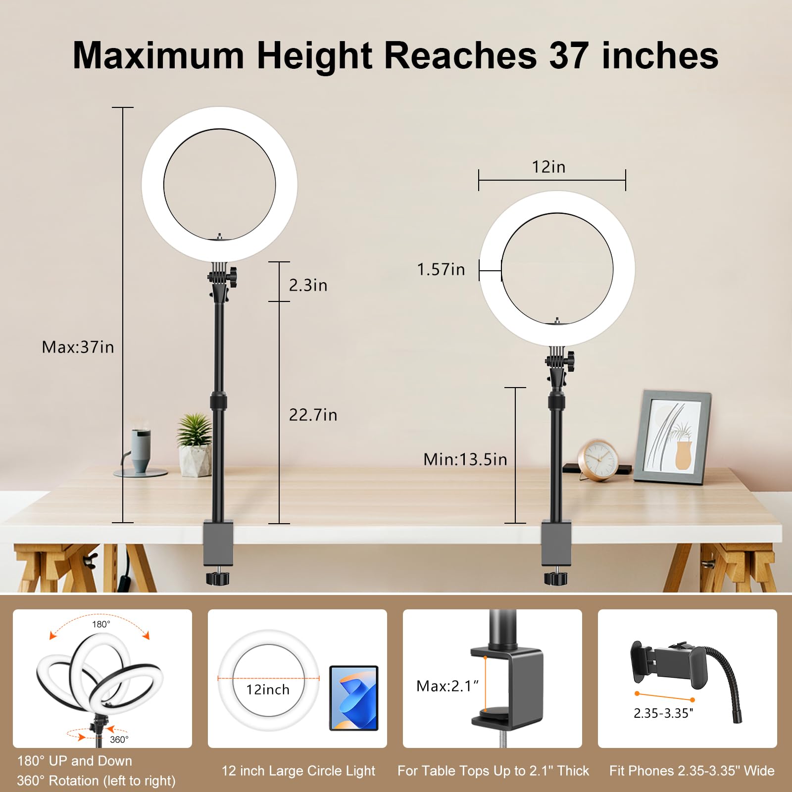 Evershop Ring Light For Computer Video Conferencing/Zoom Meeting/Studio-12 '' Desk Ring Light With Mount Stand,Stream Light With 13.5-22.7 In Adjustable Clamp Stand & Phone Holder For Webcam/Camera