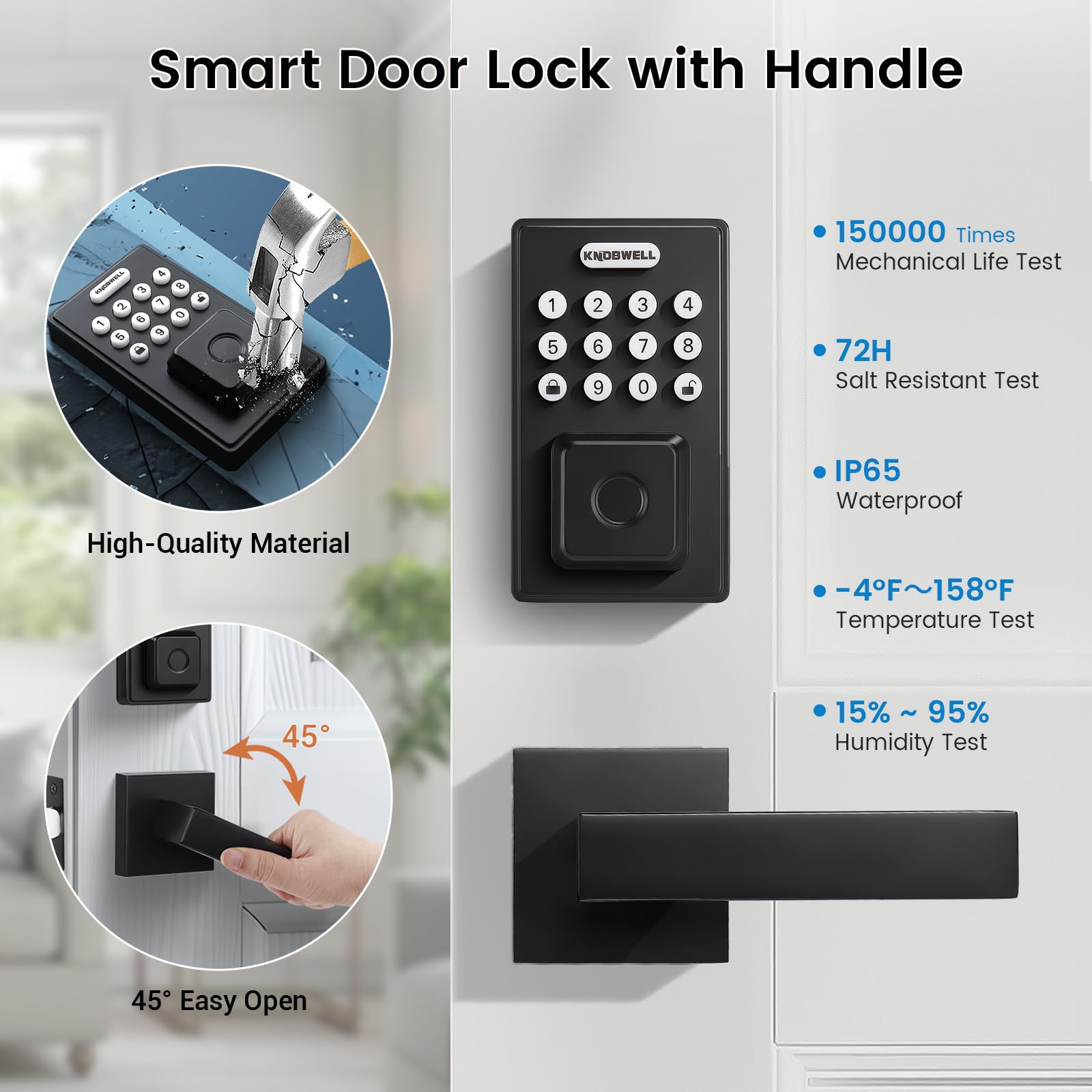 Knobwell Smart Fingerprint Door Lock With Lever Handle, Keyless Entry, Biometric Keypad, Electronic Deadbolt Lock，Matte Black