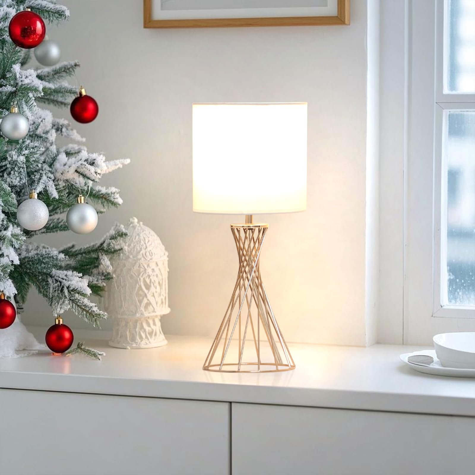 Popity Home Gold Table Lamp, Nightstand Lamp, Small Cute Desk Lamp, Modern Bedside Lamp With White Fabric Shade, Metal Geometric Hollow Out Base Lamps For Living Room Bedrooms Kids Room
