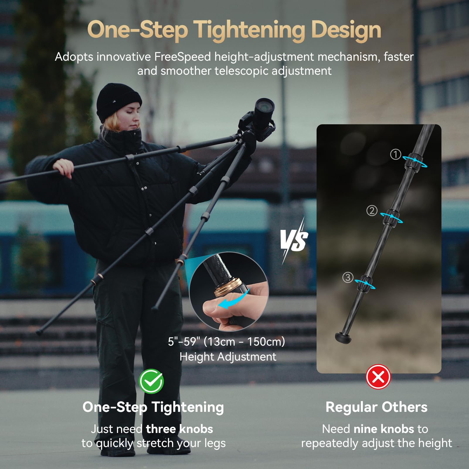 Smallrig Ap-100 rover Carbon Fiber Tripod, 59" Photography Tripods With One-Step Tightening System, Multi-Compatible Mount Plate, Professional Travel Tripod Max Load 17.6 Lbs For Camera