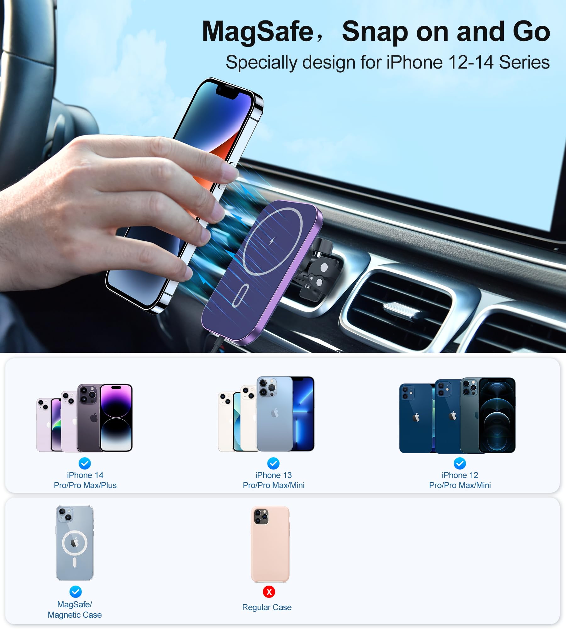 Mukiya Magnetic Wireless Car Charger, 360°Adjustable Magnetic Air Vent Mount Compatible With Magsafe Car Charger, Compatible With Iphone 15/14/13/12 Pro Max Plus Mini(Caseless), Mag Safe Case(Dark Purple)