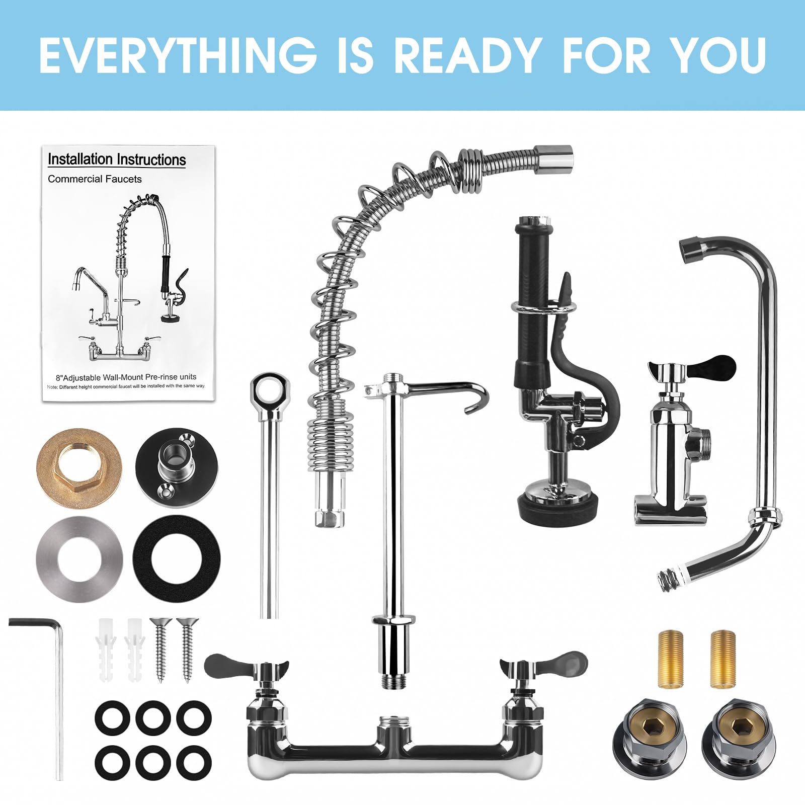Netisr Commercial Faucet With Sprayer, Brass Chrome Wall Mount Restaurant Kitchen Sink Faucet 25" Height 8" Center With Coilded Spring Pull Down Pre Rinse Sprayer, 12" Spout And 18" Hose (25 Inches)
