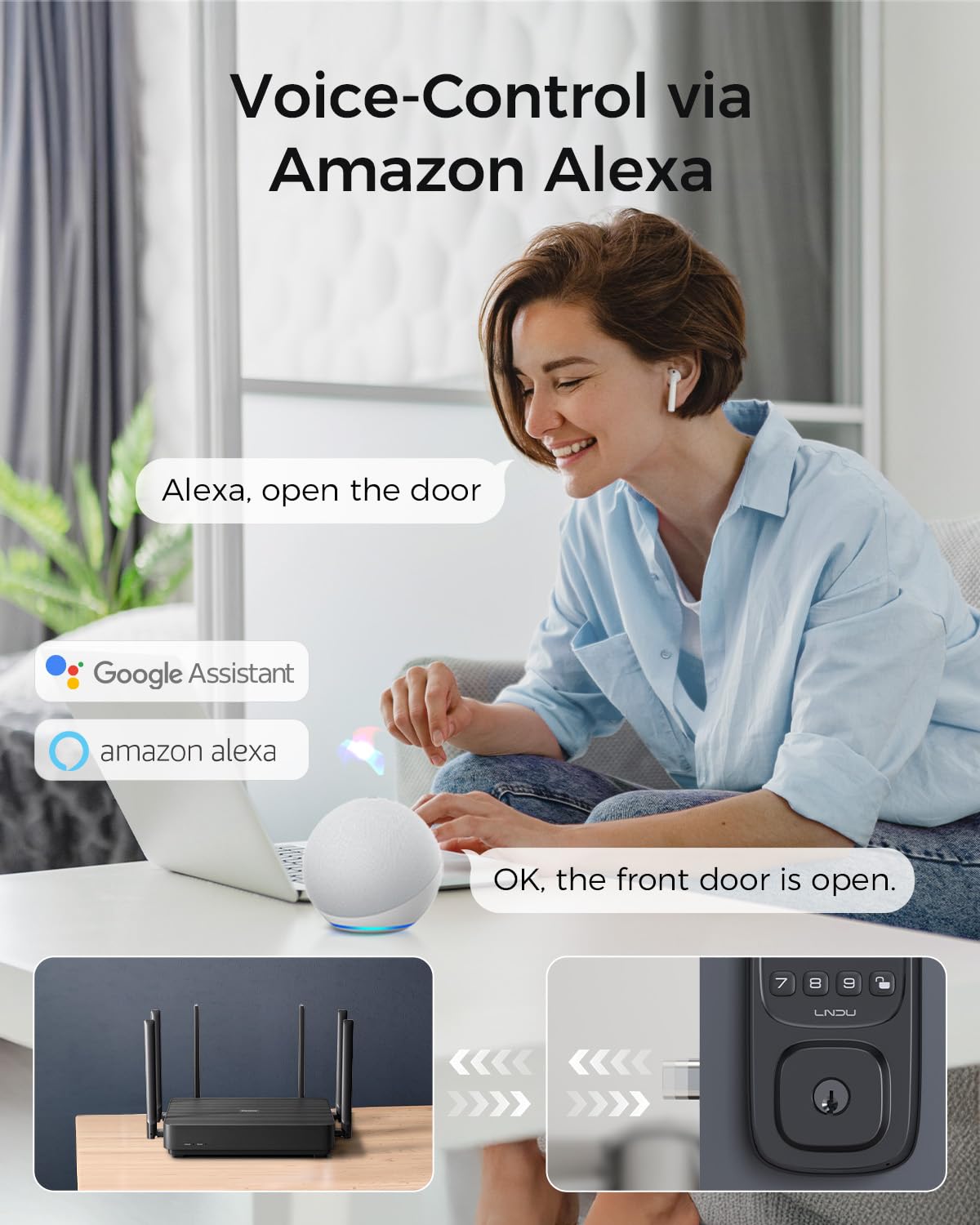 Lndu Smart Lock, Wi-Fi Keyless Entry Door Deadbolt Lock With Handleset, Supports Fingerprint,  Alexa, Google Assistant, App Control, Auto-Lock, One-Time Code, Anti-Peeking Password