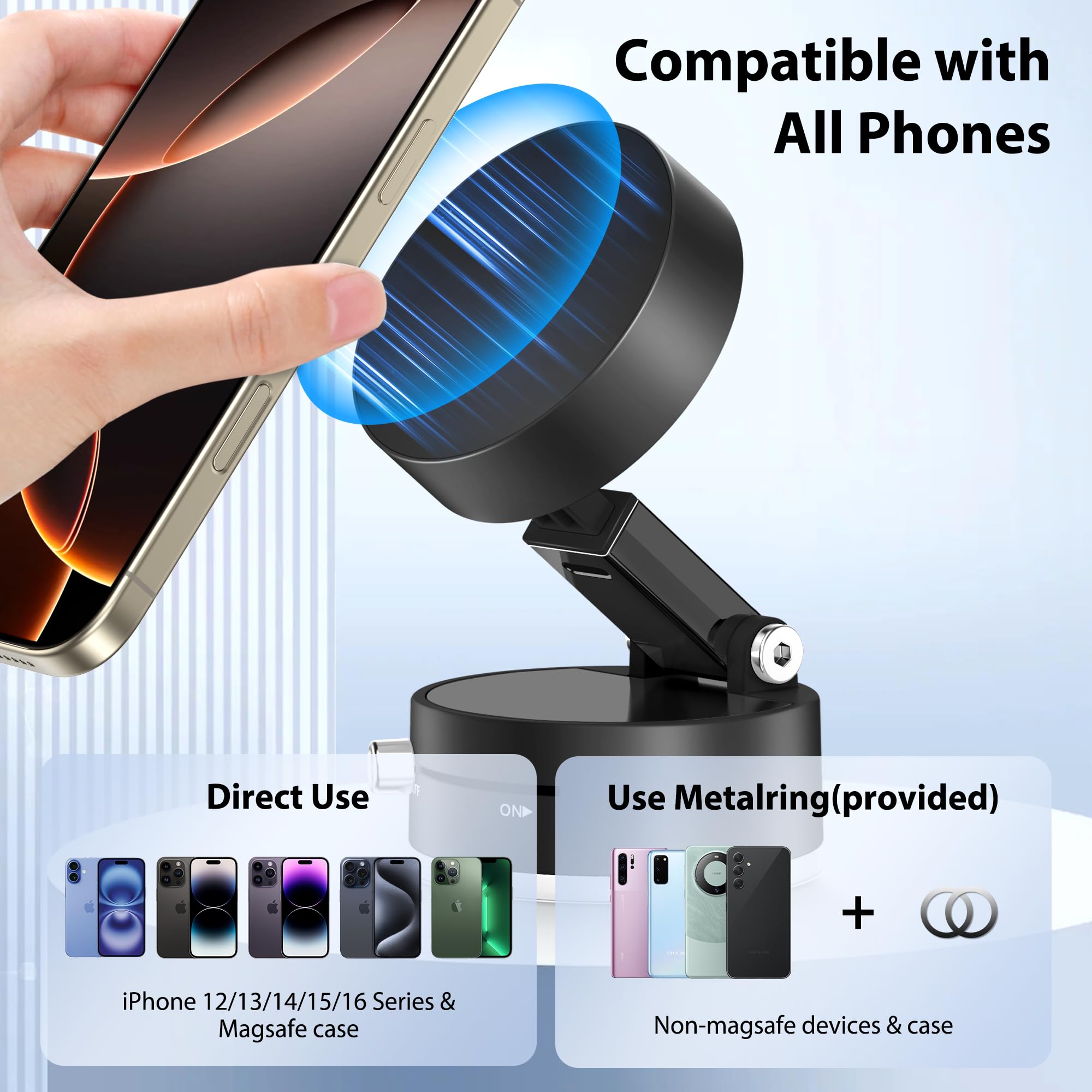 Creadream Vacuum Magnetic Suction Car Phone Holder,   Foldable Suction Cup Phone Mount Stand With 360° Rotation, Car Accessories For All Smartphones, For Shower/Car/Mirror/Smooth Surface
