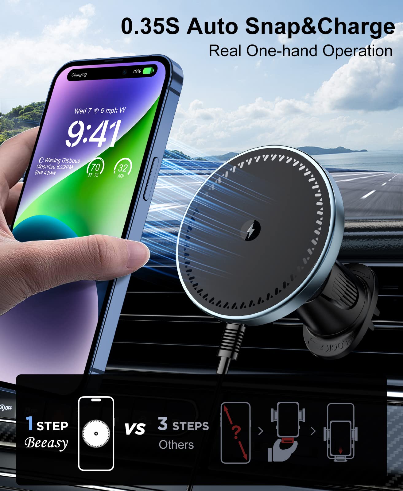 Beeasy For Magsafe Car Mount Charger, 15W Fast Charging Magnetic Wireless Car Charger, Car Phone Holder Mount For Vent Only Fit Iphone 16 Pro Plus Max 15 14 13 Series And Magnetic Case