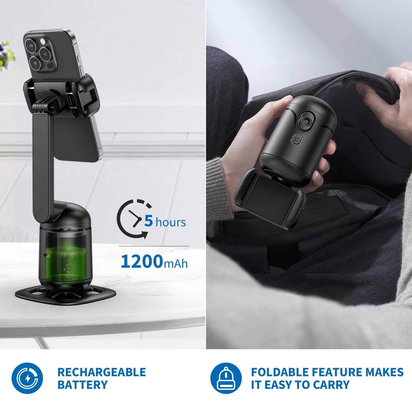Camolo Auto Face Tracking Tripod 360 Rotation With Remote,No App,Auto Tracking Phone Holder Moving Tripod For Vlog,Shooting Video,Tiktok(Black Foldable)
